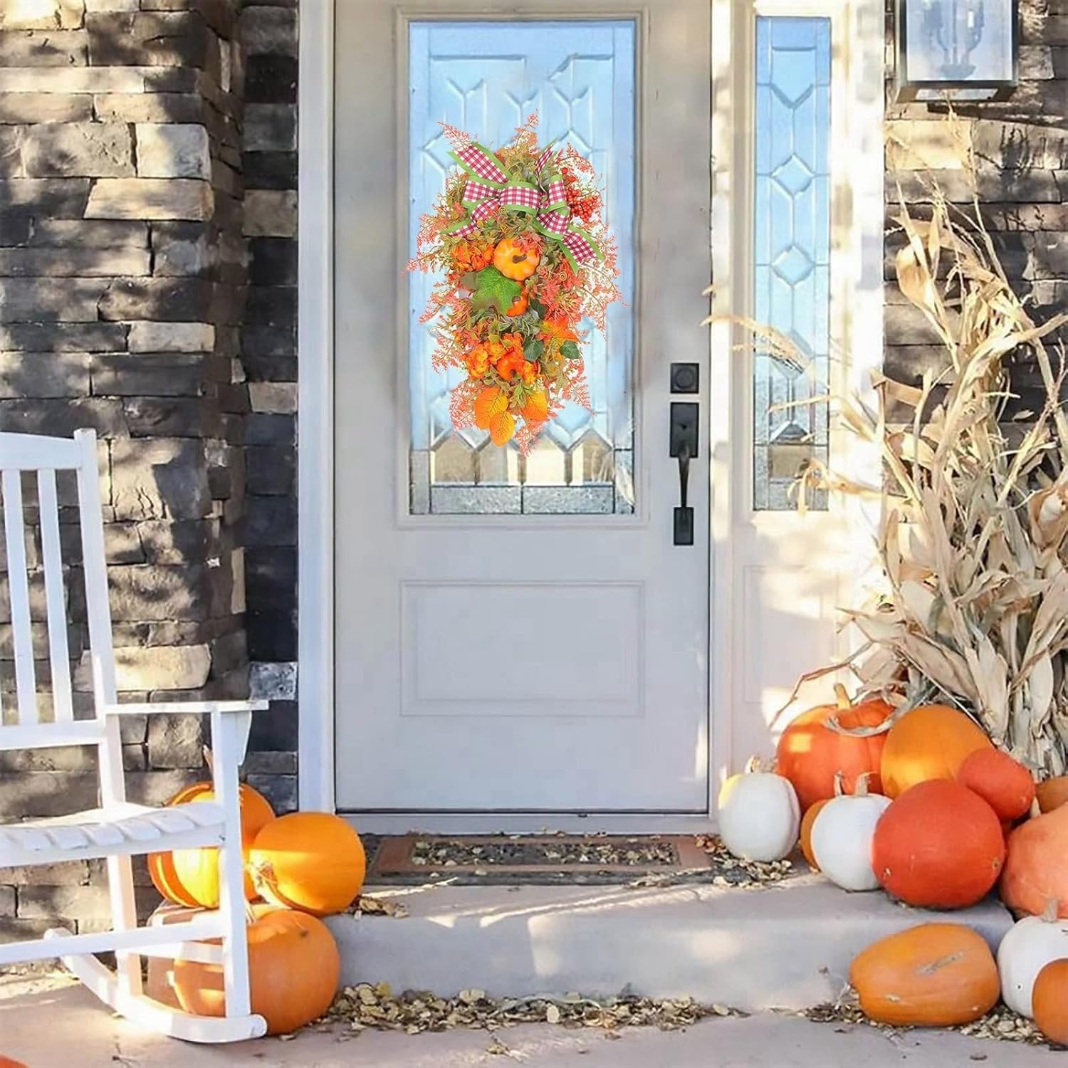 Artificial Fall Teardrop Swag Wreath for Front Door