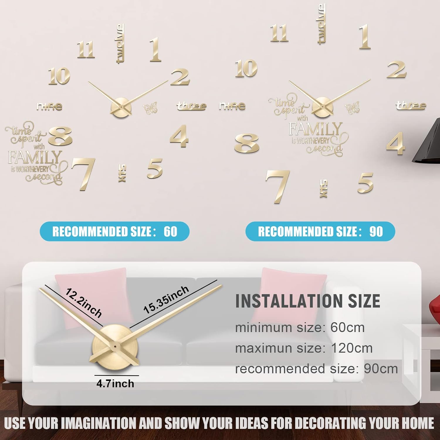 Junkin 3D Wall Clock DIY Kit with Adjustable Size Gold