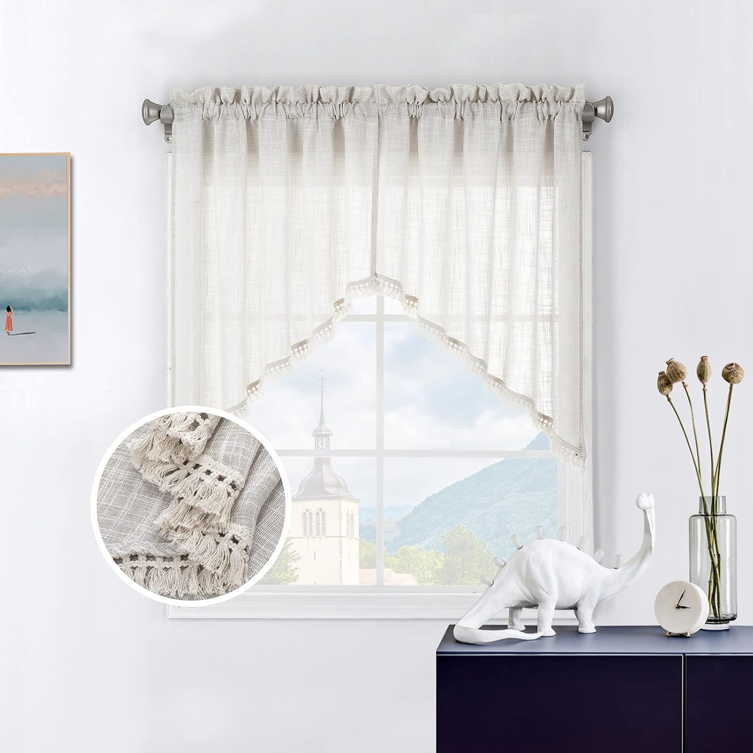 Beda Home Tassel Linen Textured Swag Curtain Valance for Farmhouse Kitchen