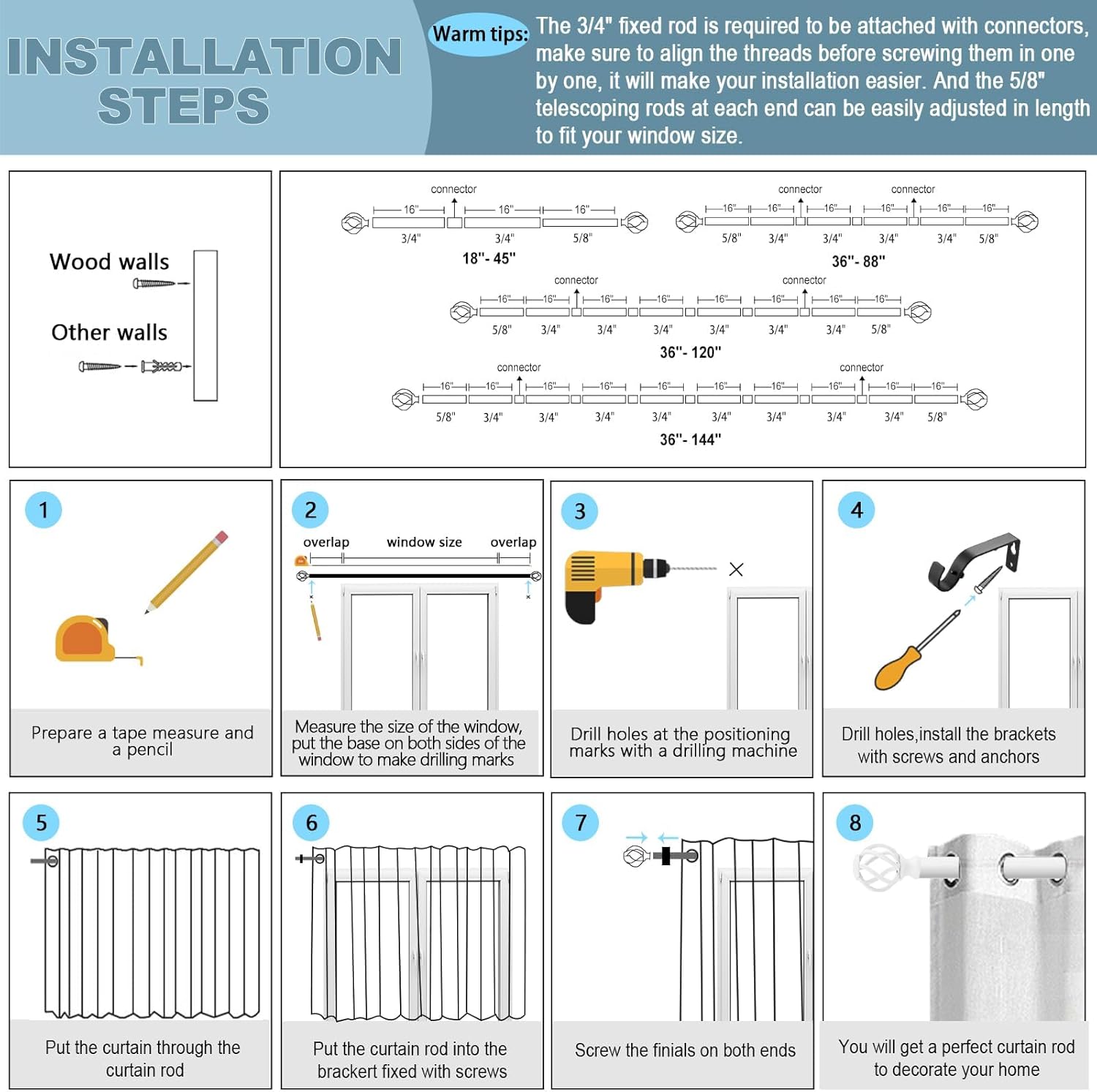 VOIIY 36-72 Inch Curtain Rods with Twisted Cage Finials