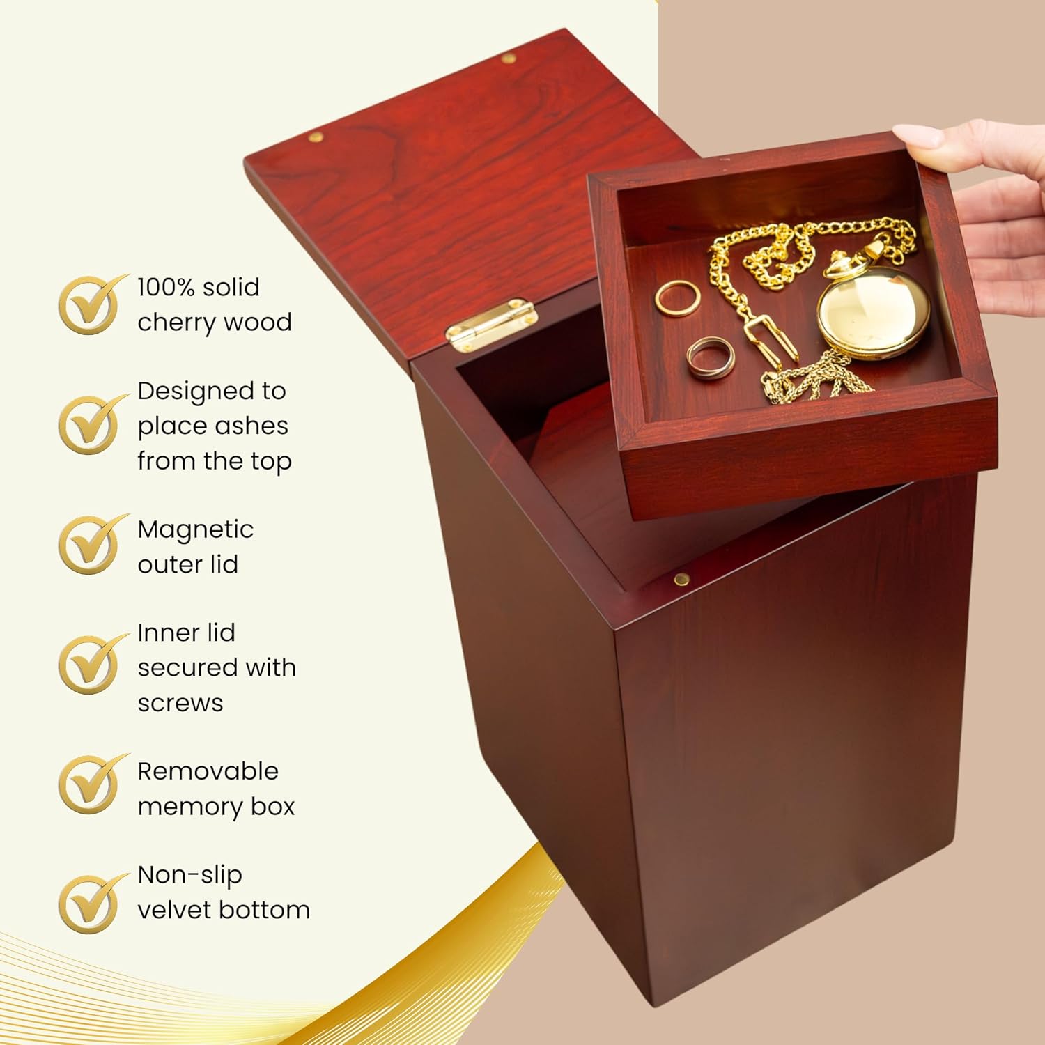 Solid Cherry Wood Cremation Urn for Adult Ashes 250 Cubic Inches