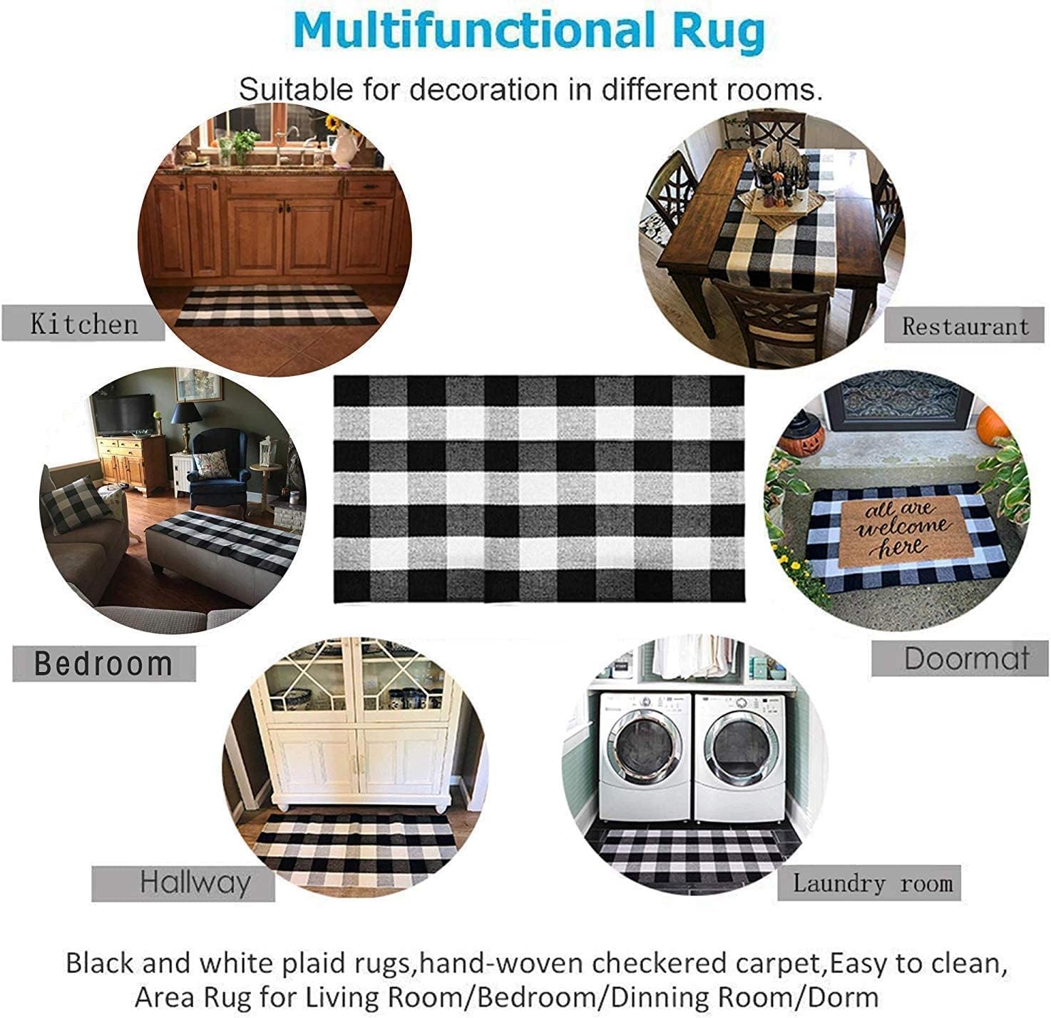 SEEKSEE Thick Cotton Buffalo Plaid Rug 275x43 Black and White Checked
