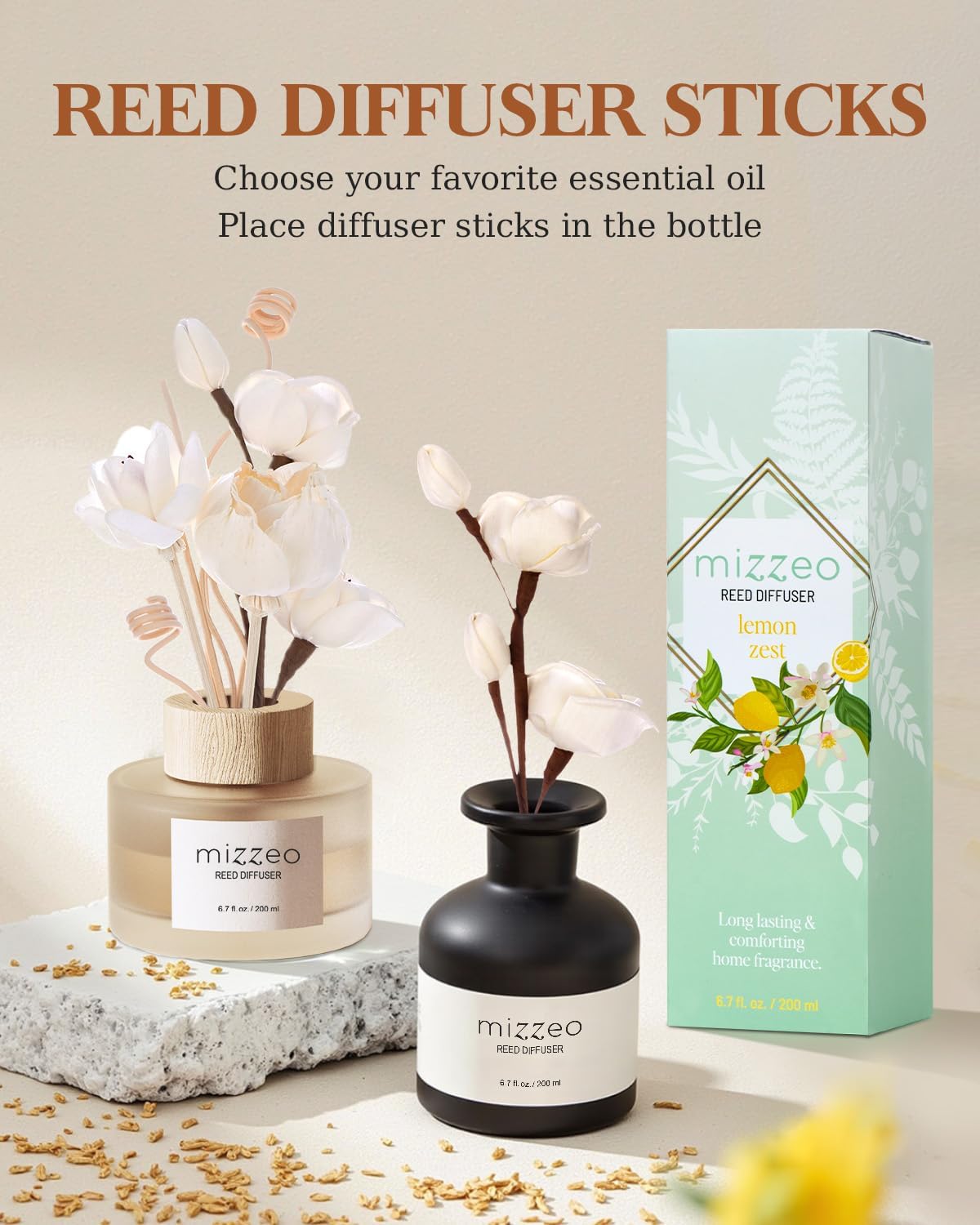 9 Pcs Reed Diffuser Sticks Set with Natural Rattan and Flower Designs