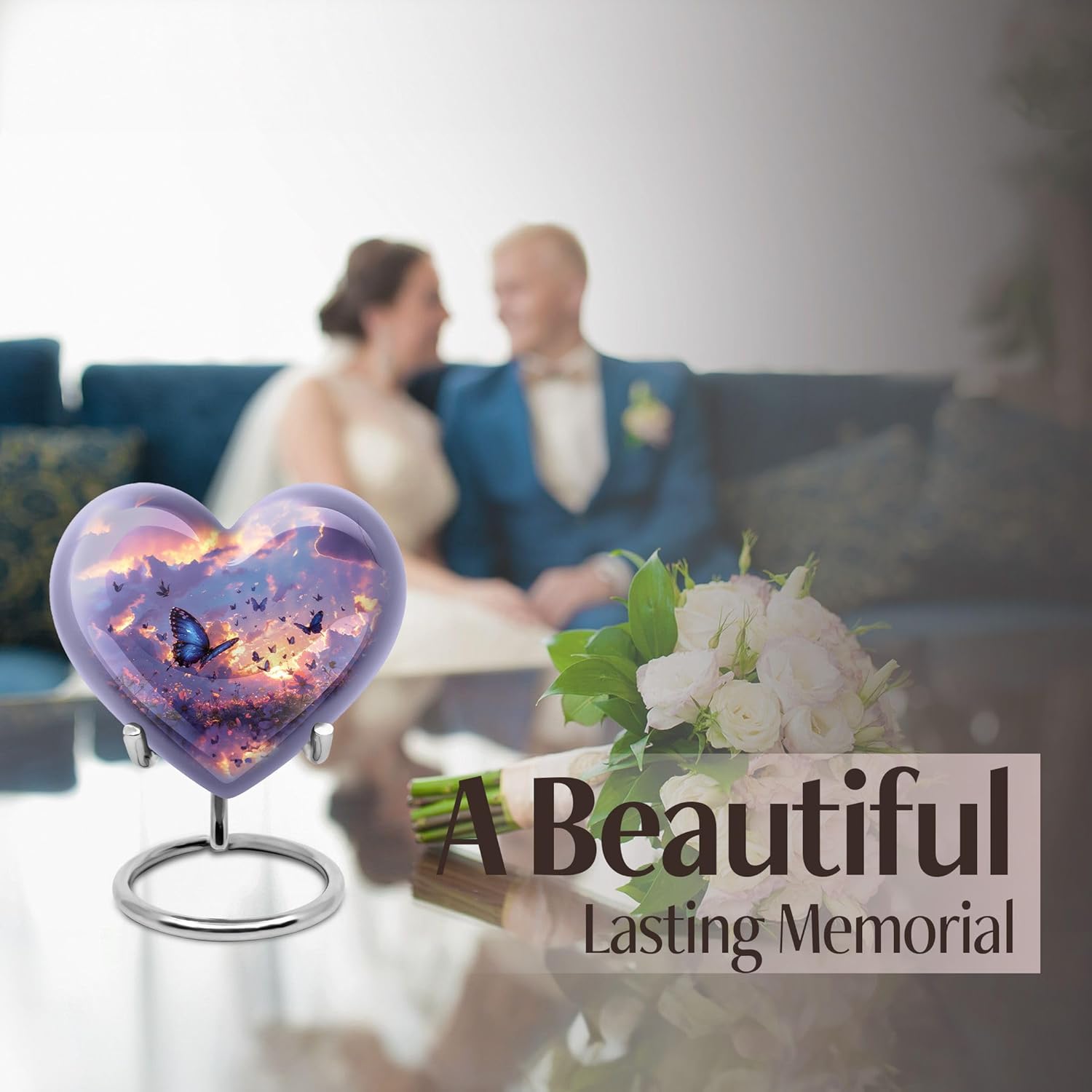 Twilight Butterflies Small Heart Urn - Purple Cremation Keepsake for Human Ashes
