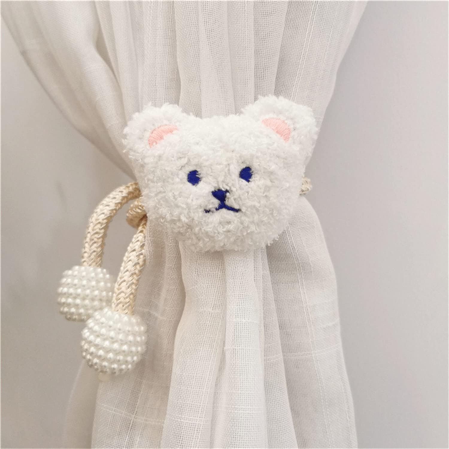 2 Pack Cartoon Bear Curtain Ties Plush Design White