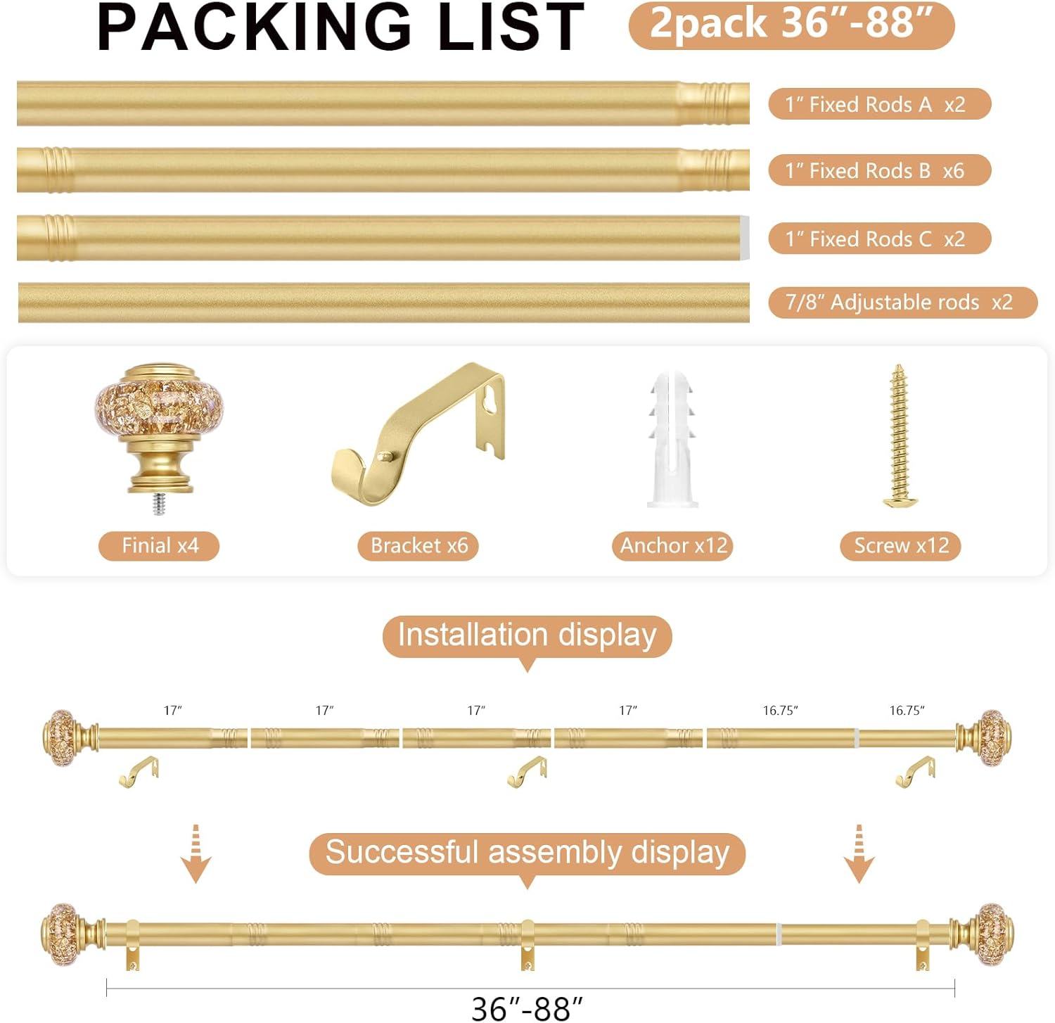 2 Pack Gold Curtain Rods for Windows 48-84 Inch Farmhouse Style