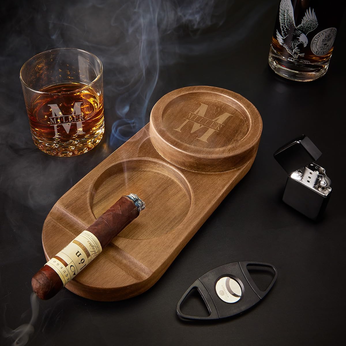 Wooden Cigar Tray with Personalized Engraving Dual Rests and Ashtray