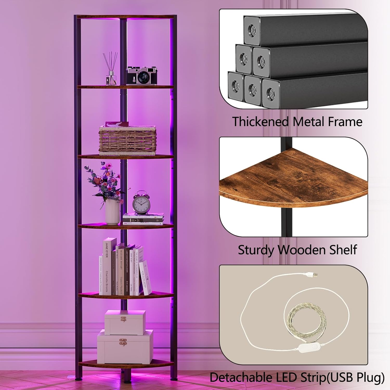 Furnulem 6 Tier Corner Shelf with LED Light