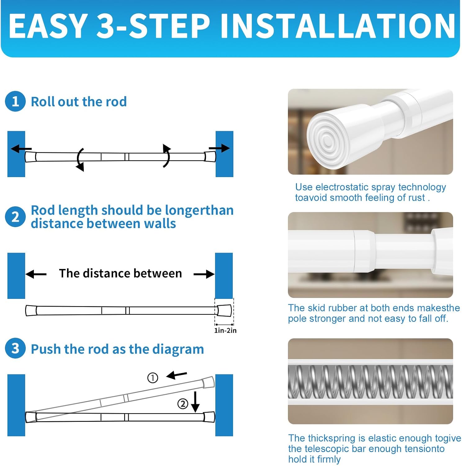 AIZESI Spring Tension Curtain Rod 265-36 Inch Adjustable White Rod No Drilling