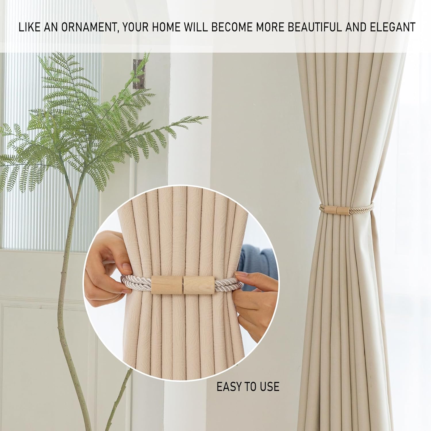 Contoeey Wooden Curtain Tiebacks 2 Pack Magnetic Boho Holders