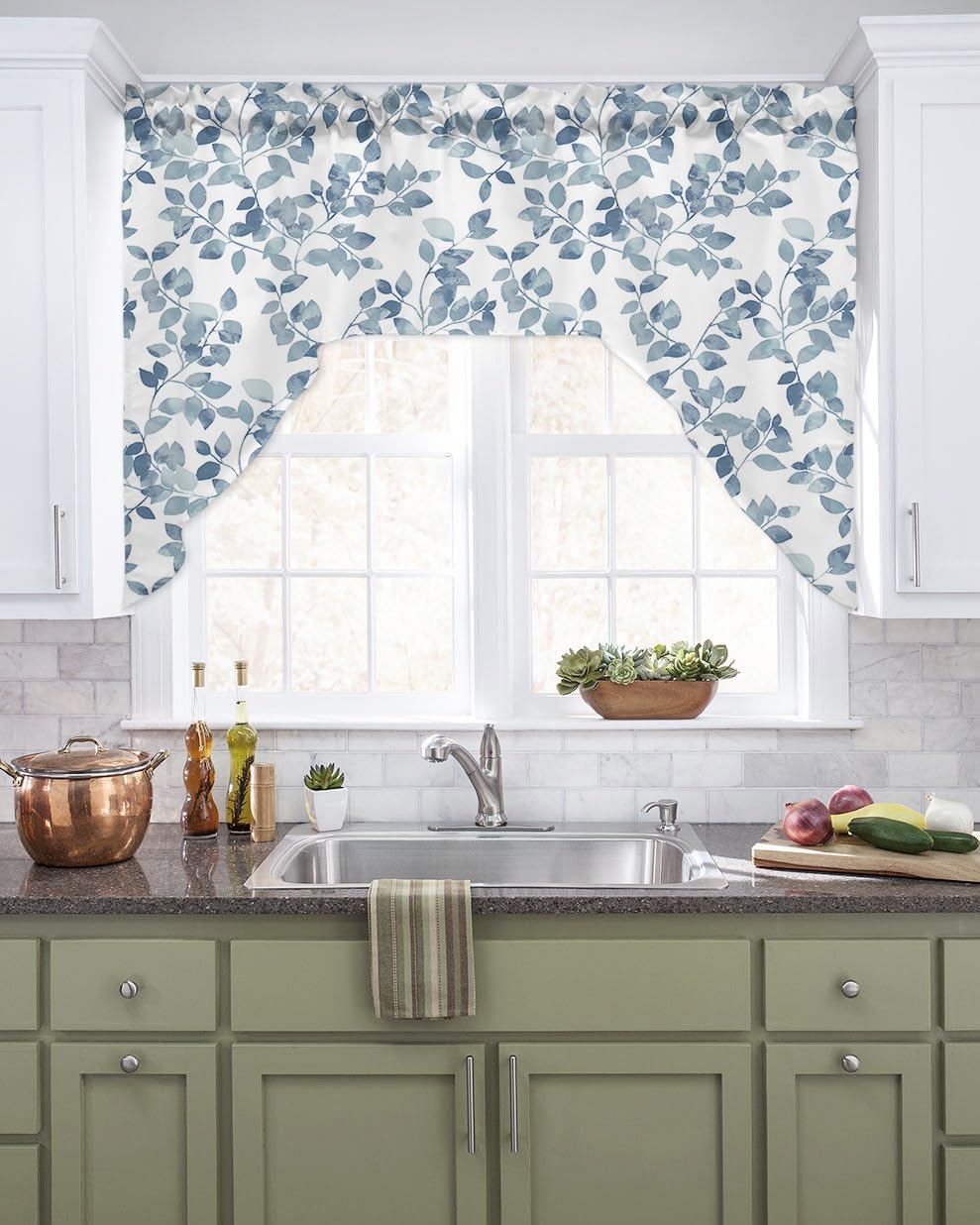 Blue Leaves Swag Valance Kitchen Curtains 56x36