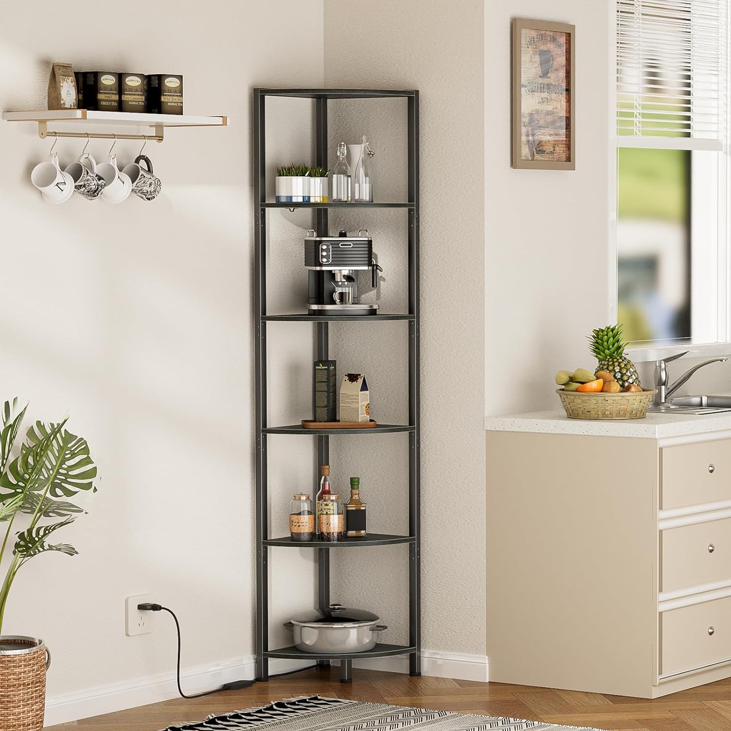 Furnulem 6 Tier Corner Shelf with LED Light Black