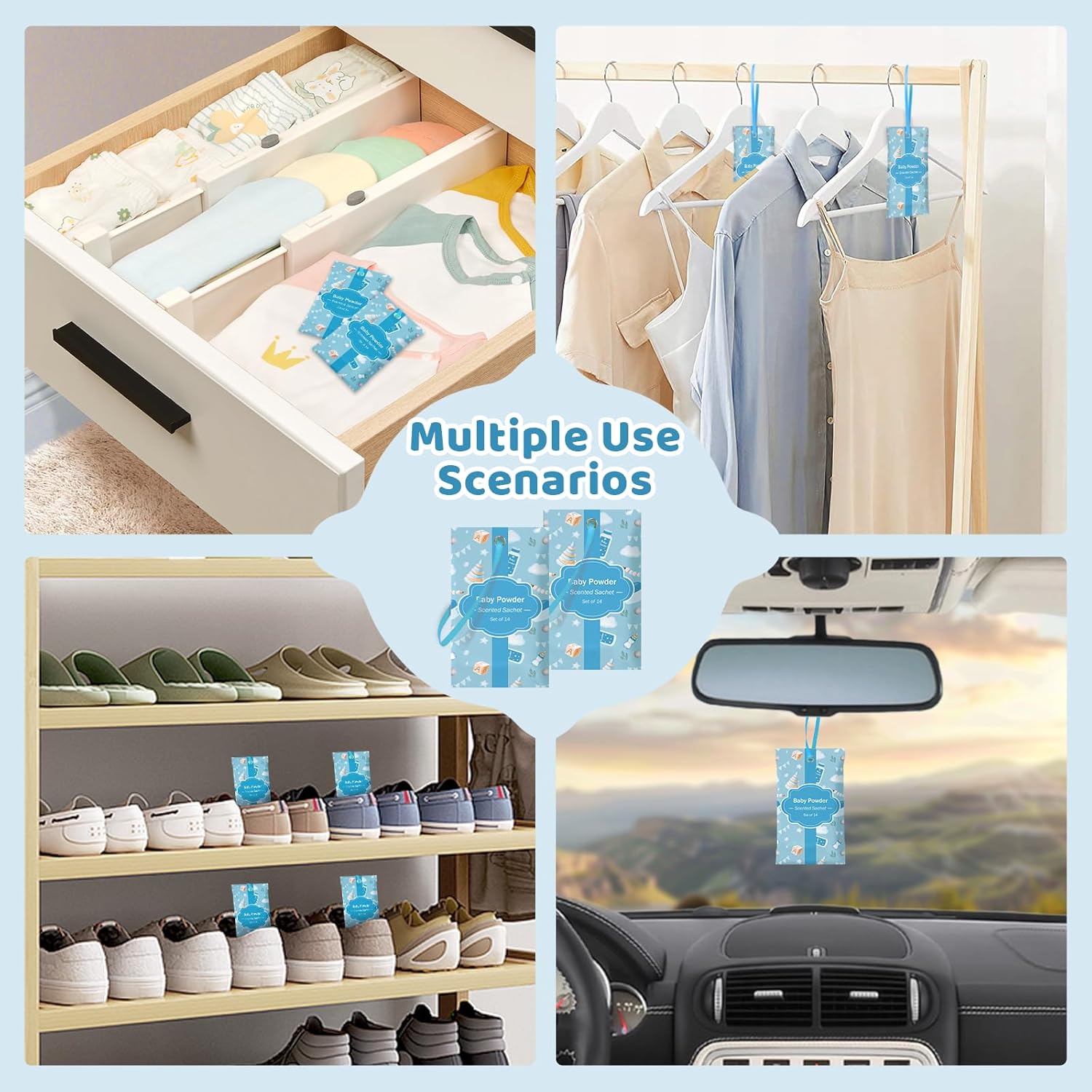 SCENTORINI Scented Sachets Baby Powder 14 Pack for Drawers Closets Cars