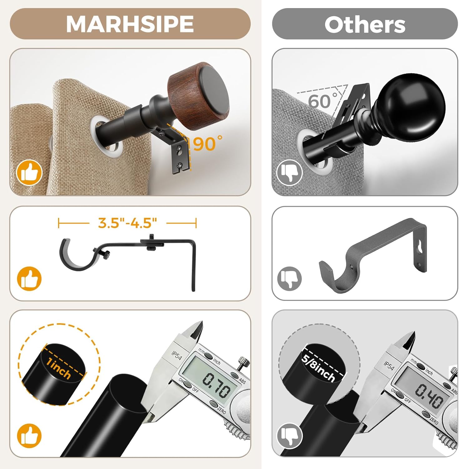 MARHSIPE Wood Curtain Rods 30-88 Inch 1 Diameter Heavy Duty Rod Set