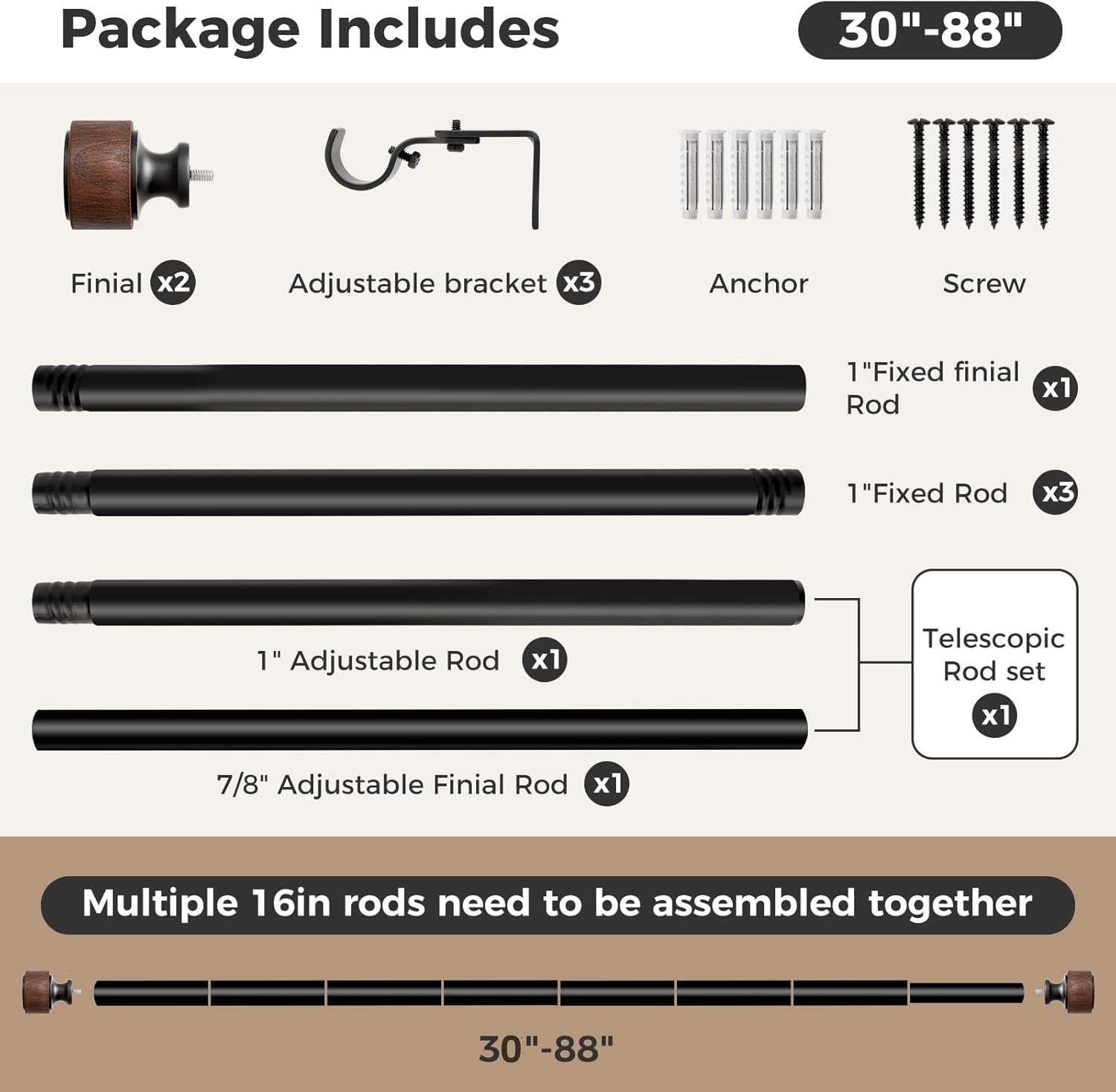MARHSIPE Wood Curtain Rods 30-88 Inch 1 Diameter Heavy Duty Rod Set