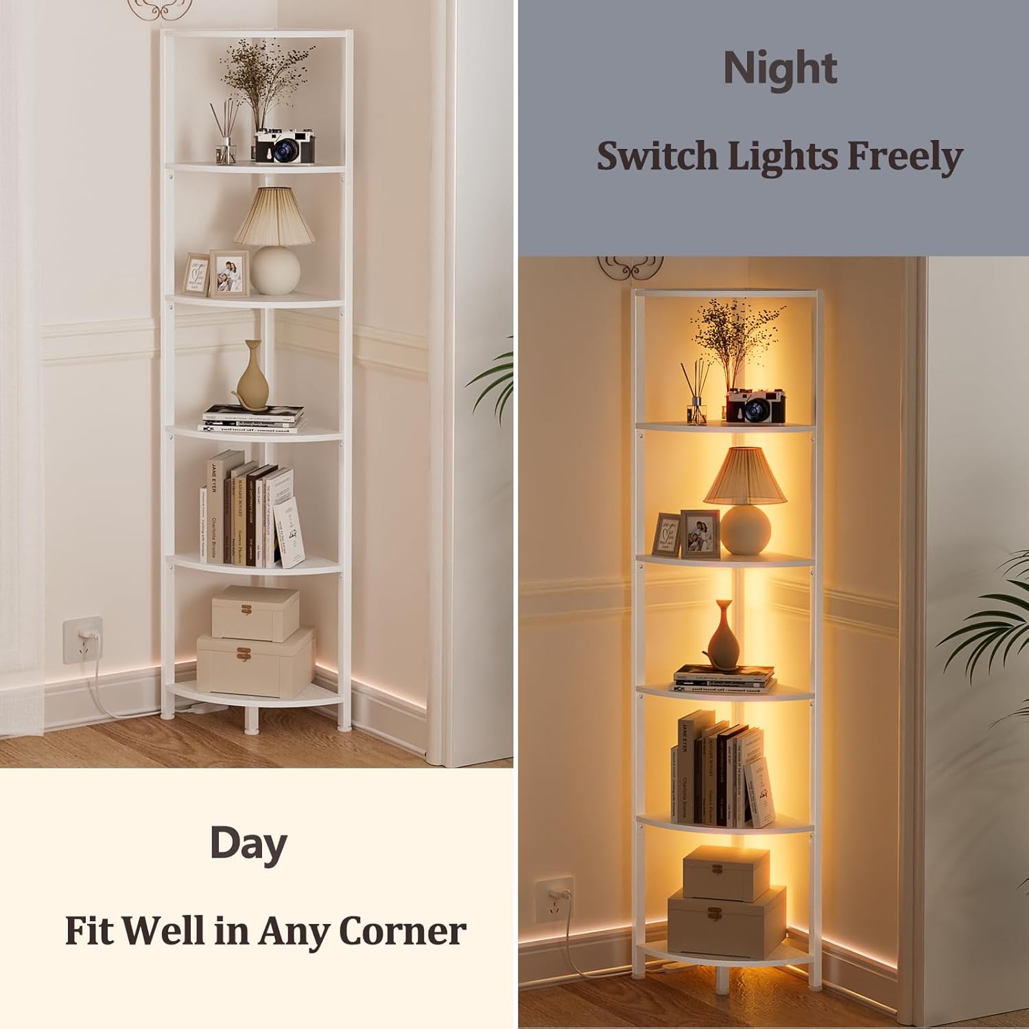 Furnulem 6 Tier Corner Shelf with LED Light White