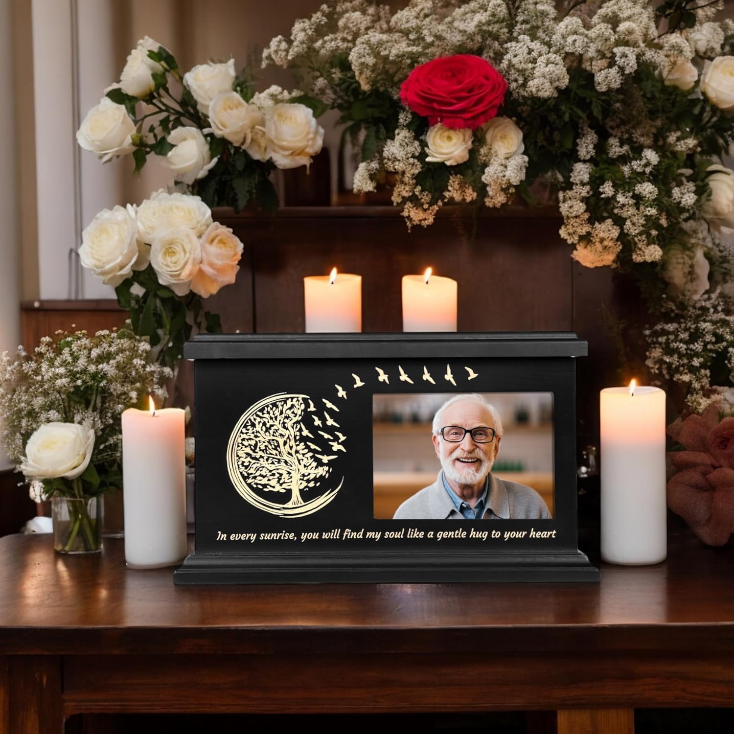 Elegant Wooden Cremation Urn with Photo Frame and Tree of Life Design