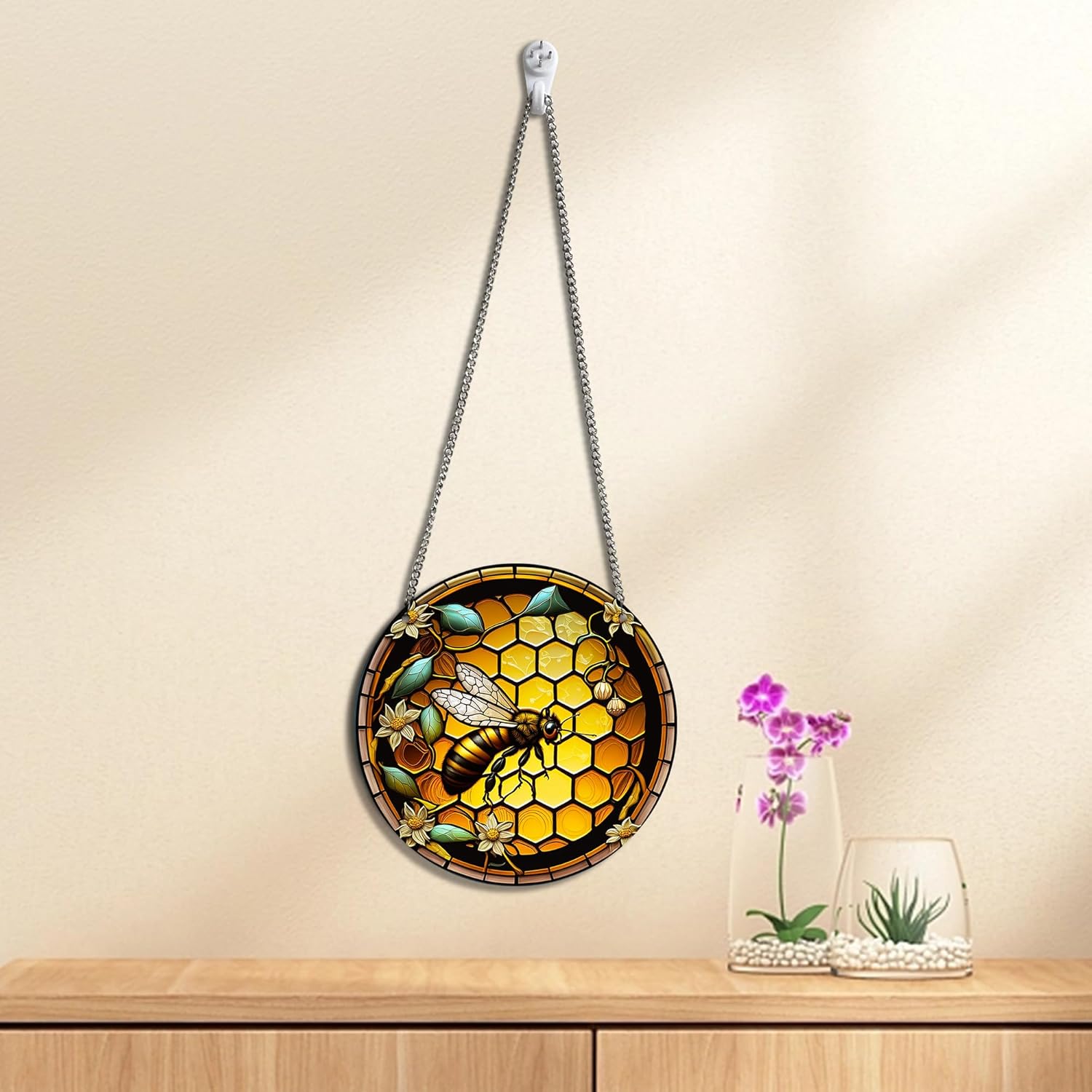 HOTIYOK Retro Yellow Hive Stained Glass Window Decor with Chain