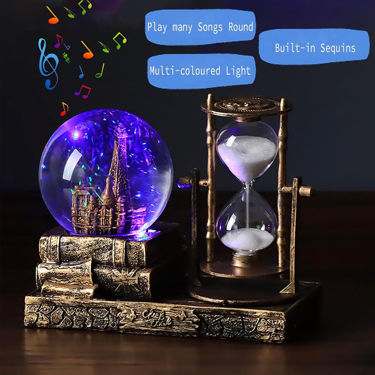 LED Music Snow Globe with Eiffel Tower and Hourglass