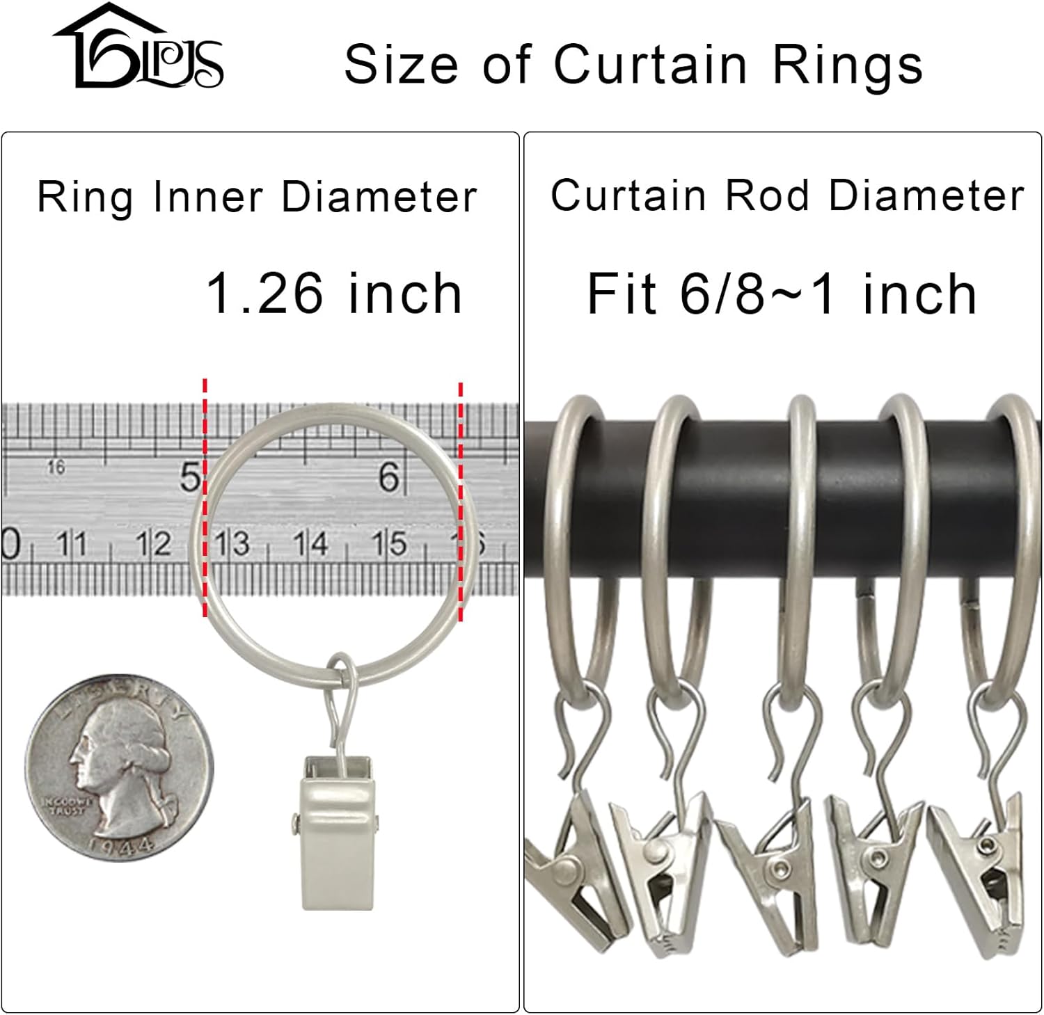 40 Pack Curtain Rings with Clips Matte Silver 126 in ID