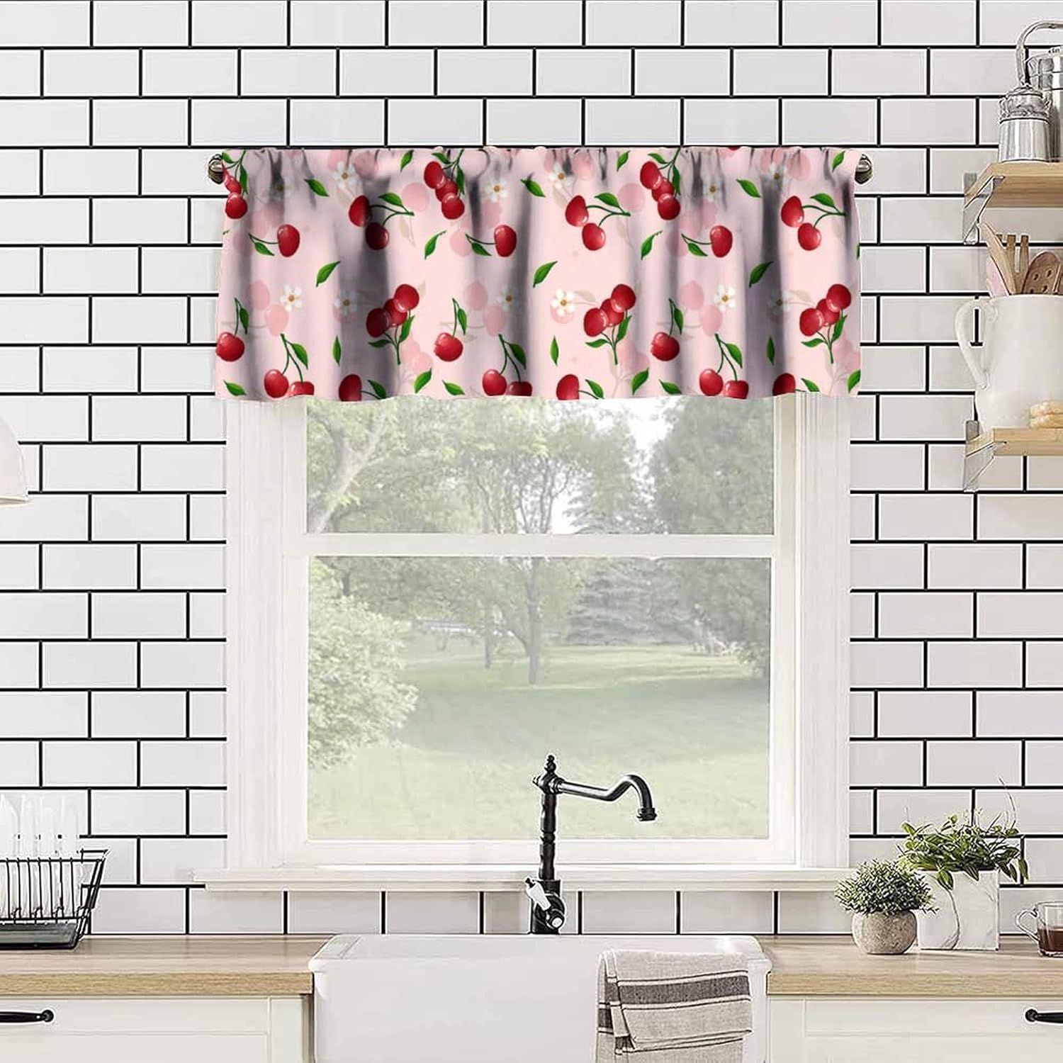 Red Cherry Fruit Kitchen Valance Curtains 54x18 Inch 1 Panel