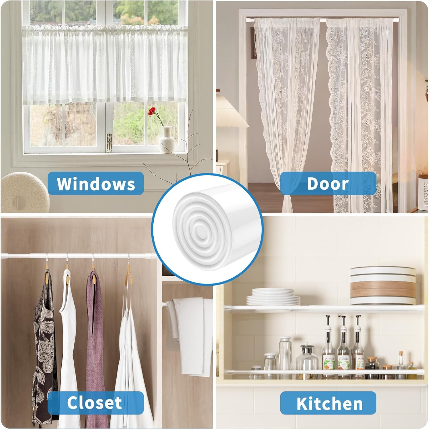 AIZESI Spring Tension Curtain Rod 265-36 Inch Adjustable White Rod No Drilling