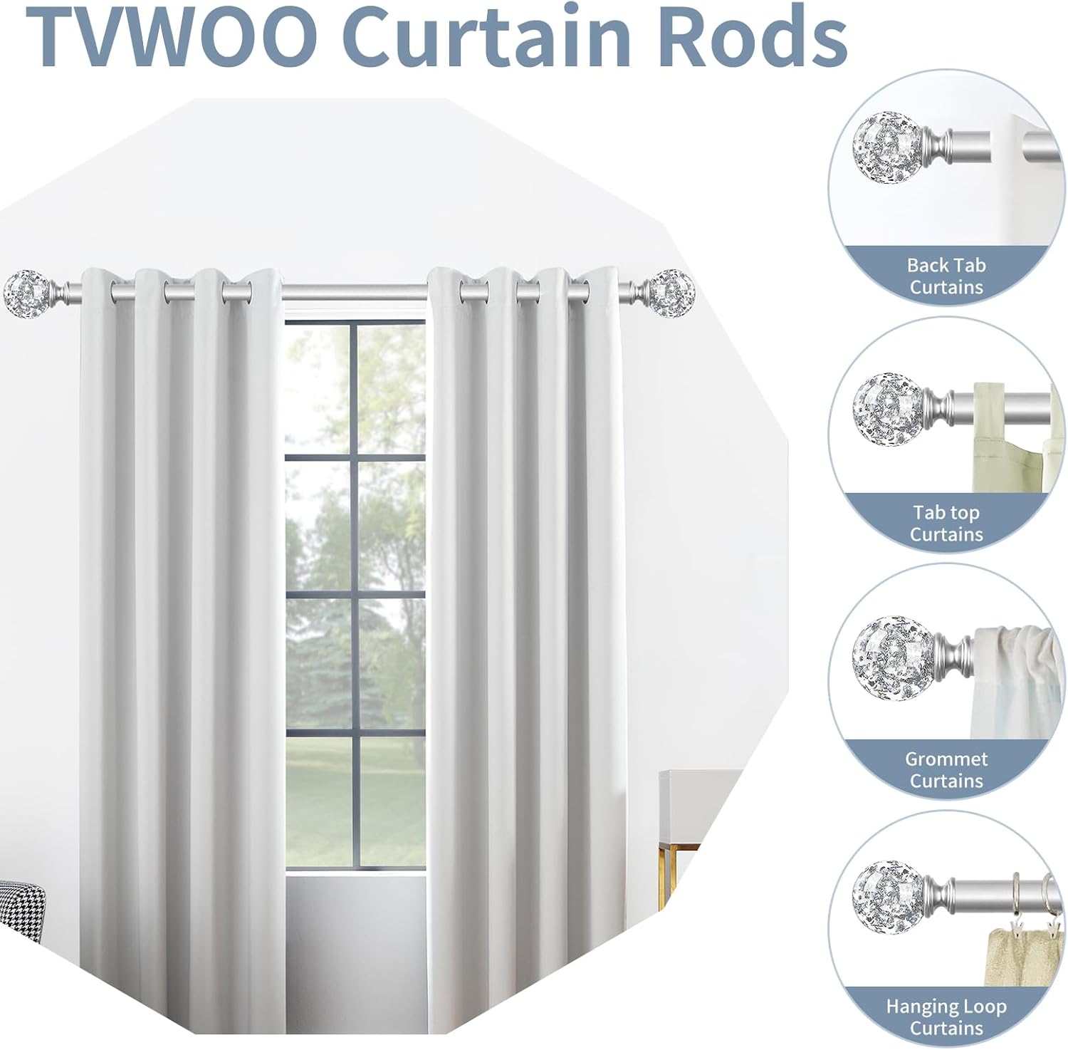 Silver Crystal Curtain Rods 18-60 Inches Adjustable