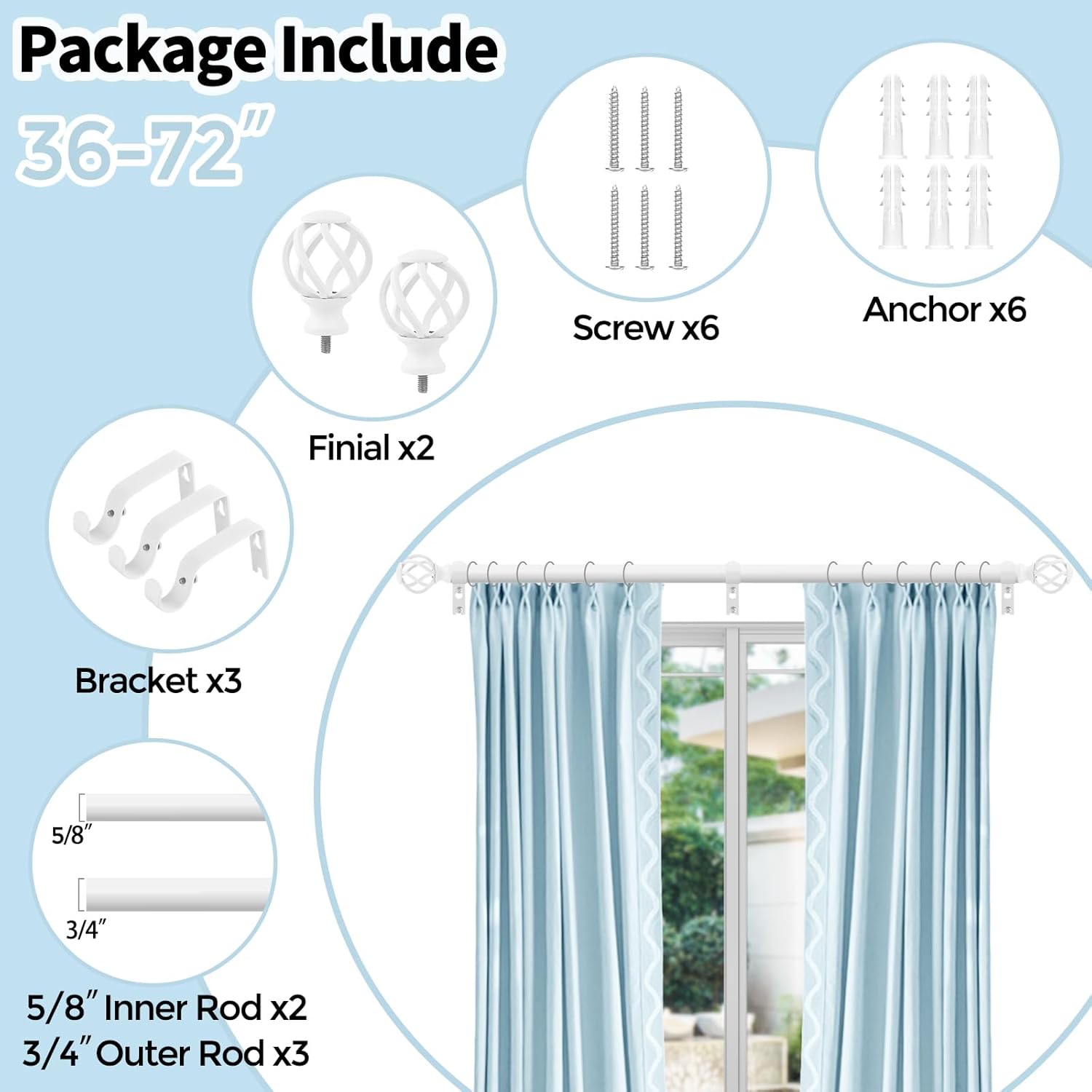 VOIIY 36-72 Inch Curtain Rods with Twisted Cage Finials