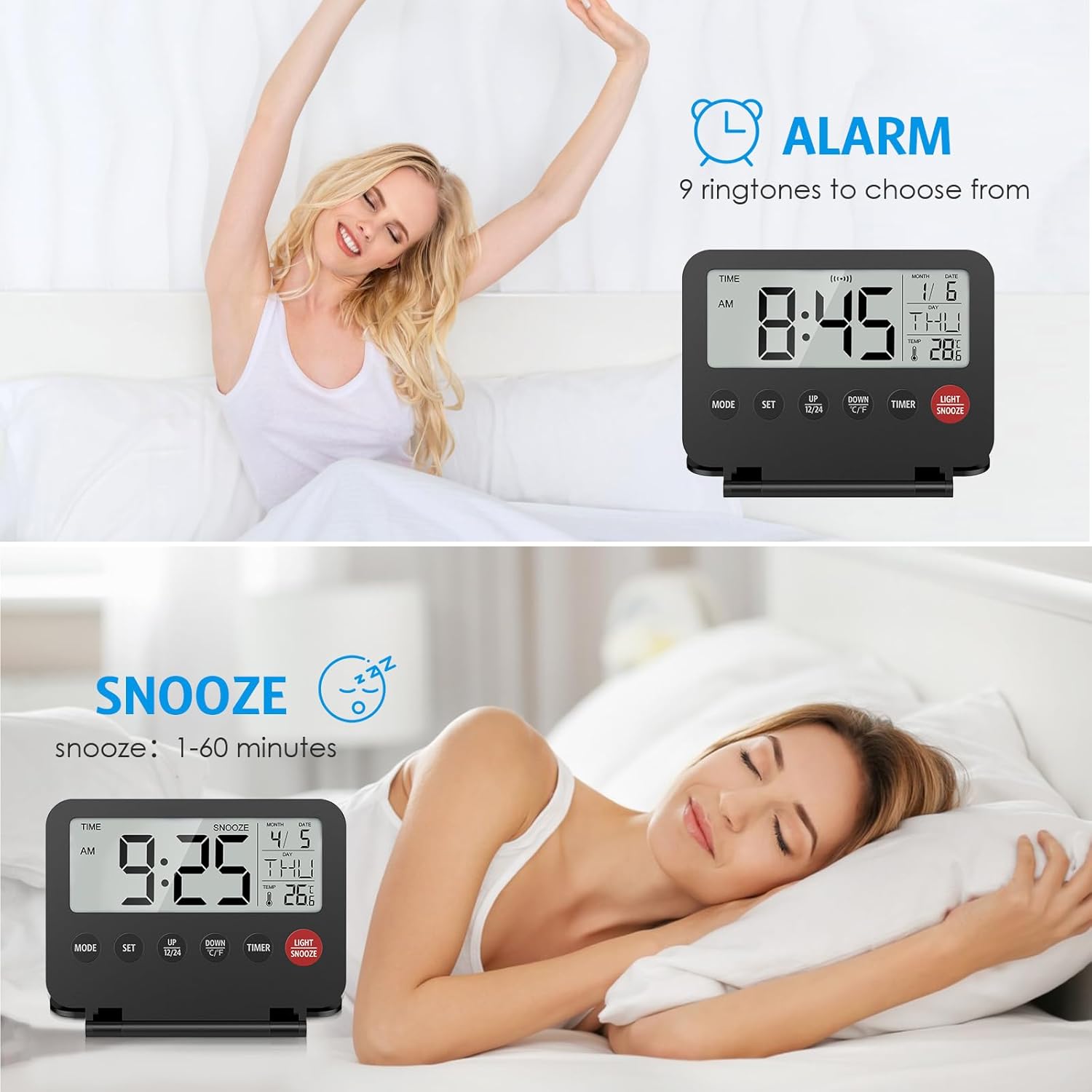 Olipiter Foldable Alarm Clock with Backlight and Temperature Display