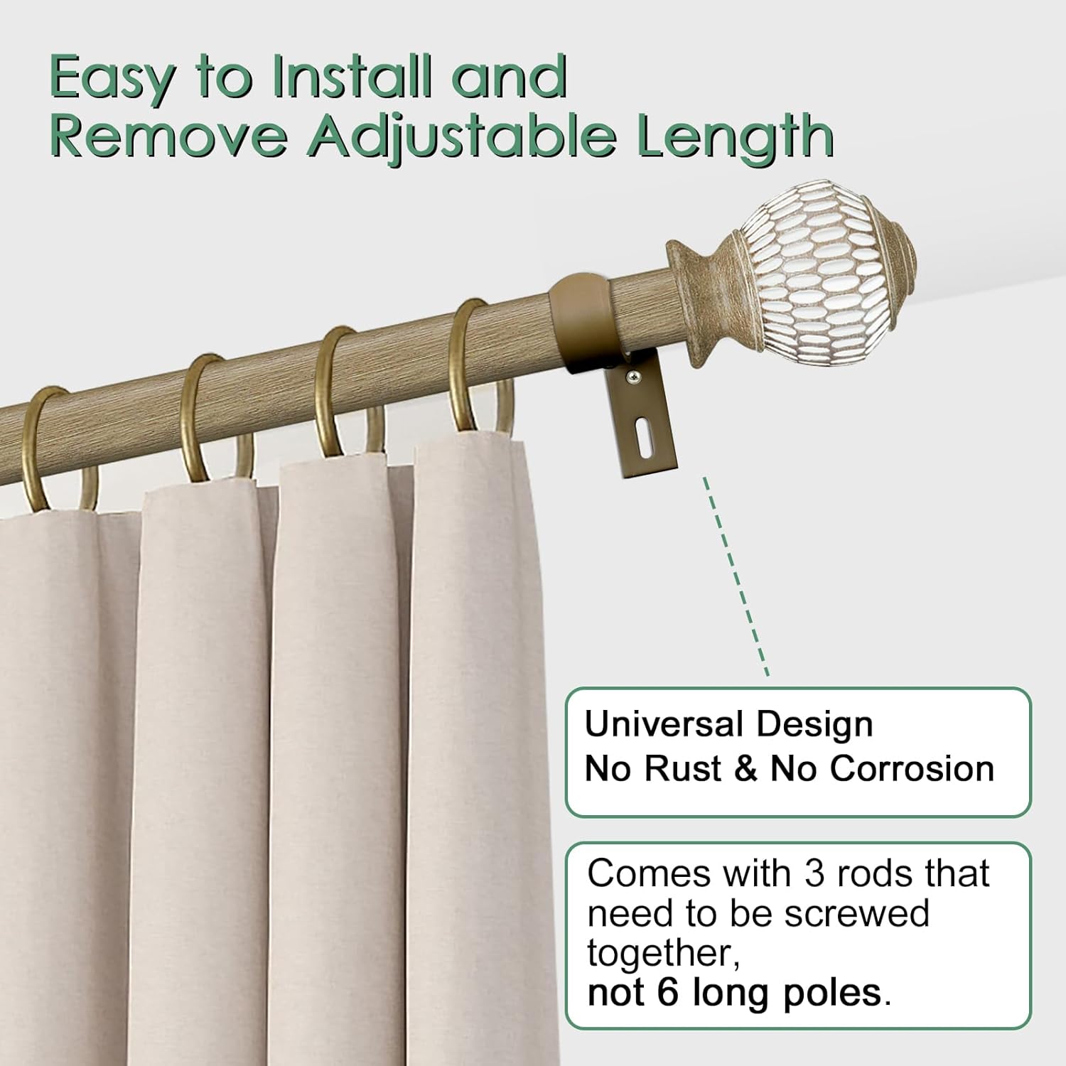 Adjustable Curtain Rods 1 Inch Diameter with Wood Grain Finials