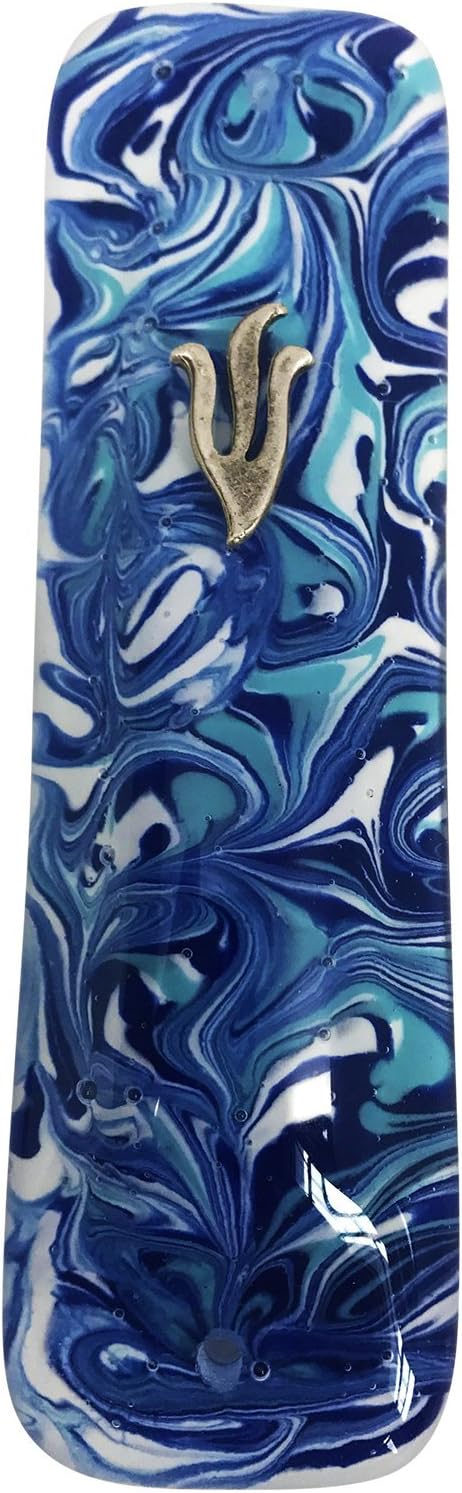 Marbled Blue Art Glass Mezuzah - Handmade in USA