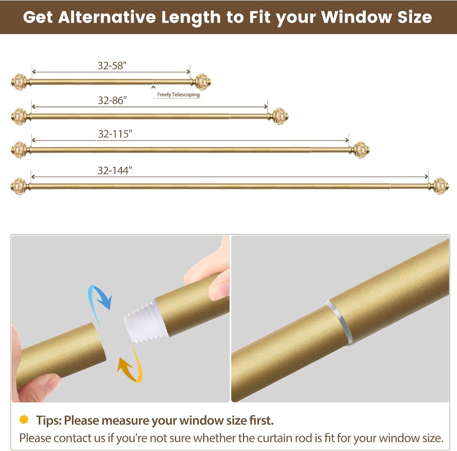 USFOOK 78 Inch Gold Curtain Rod 32-86 Inches