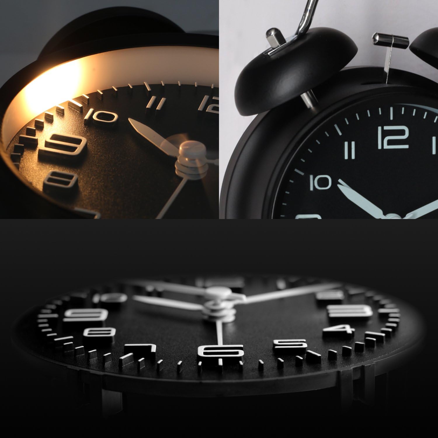 Betus Non-Ticking Twin Bell Alarm Clock with Backlight - Midnight Black