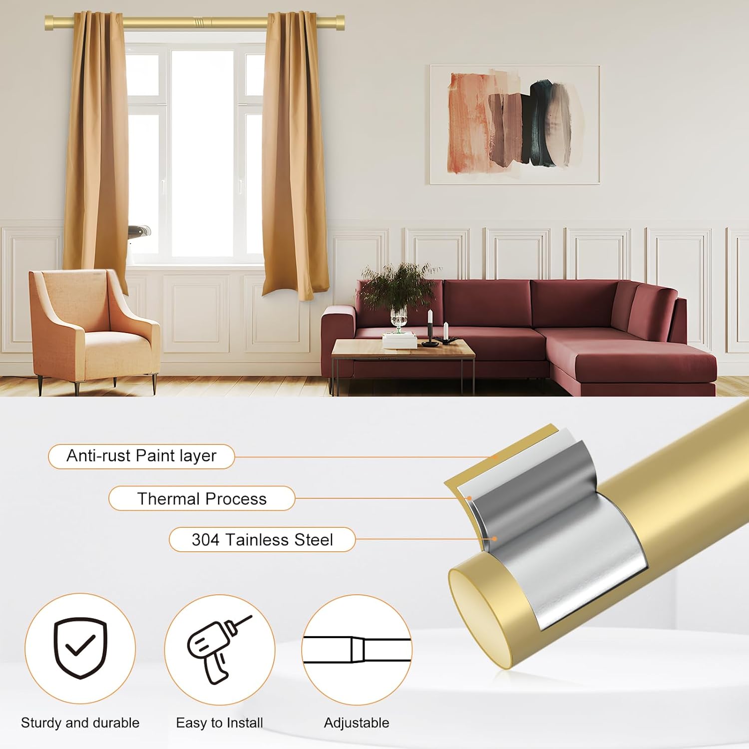 OLV 2 Pack Gold Adjustable Curtain Rods for Windows 48-84 Inch