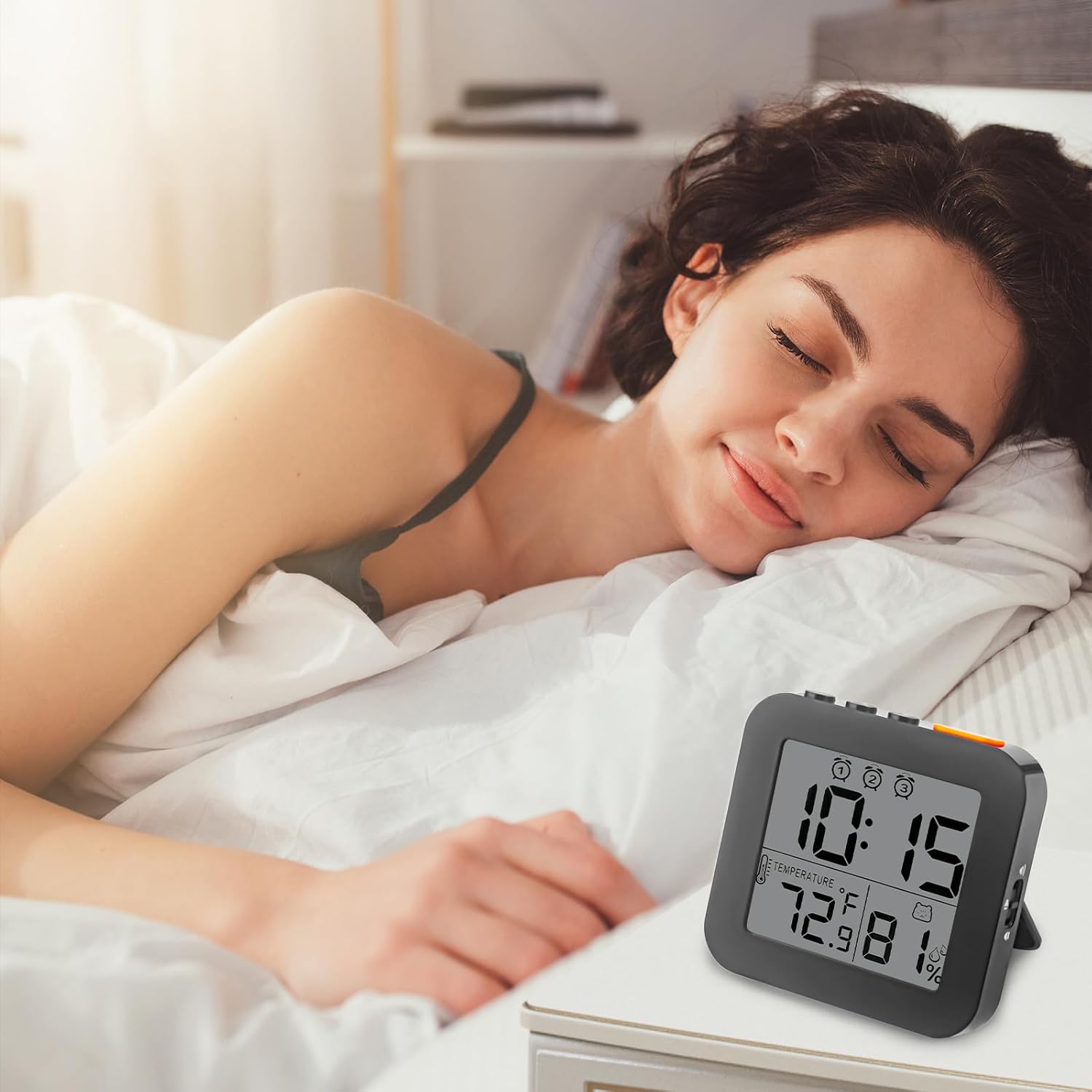 WinFong Small Digital Alarm Clock with 3 Bells and Temperature Humidity