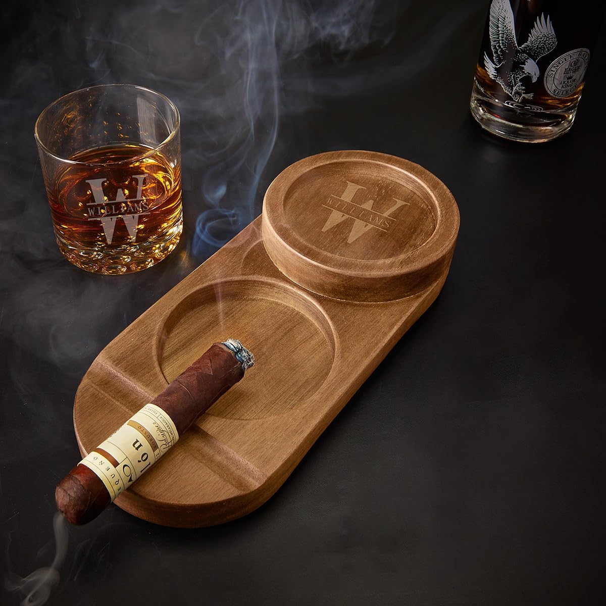 Wooden Cigar Tray with Personalized Engraving Dual Rests and Ashtray