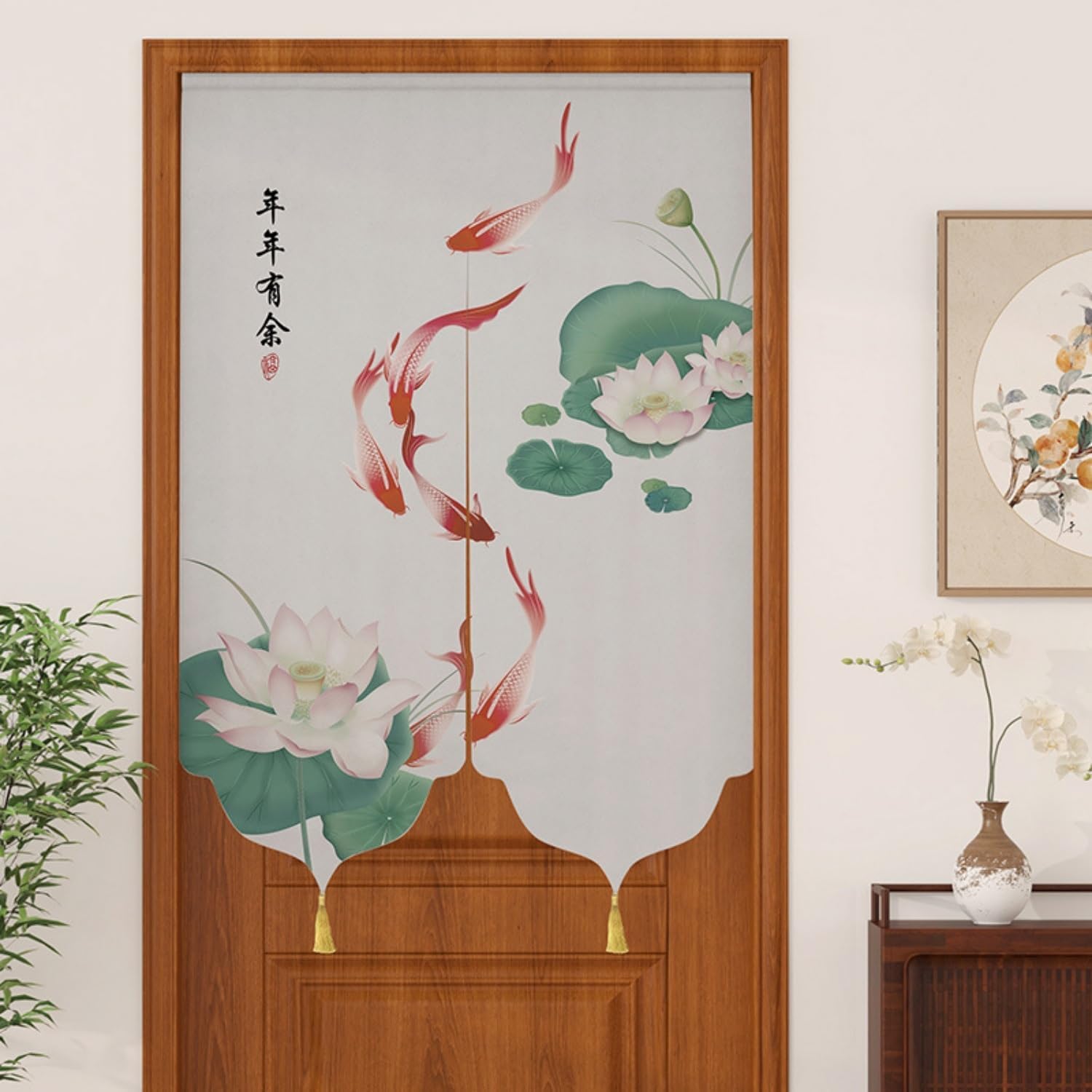 Chinese Lotus Door Curtain with Tassel Telescopic Rod Flexible and Thin