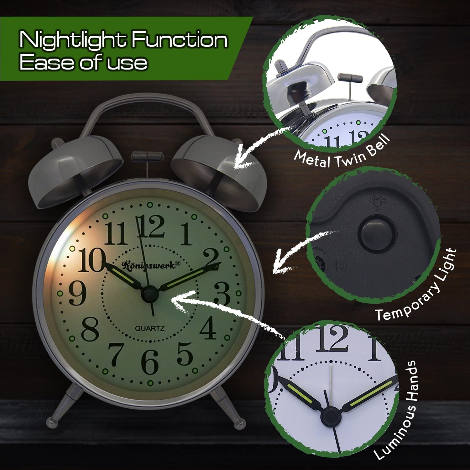 Loud Bell Alarm Clock with Night Light and Analog Display
