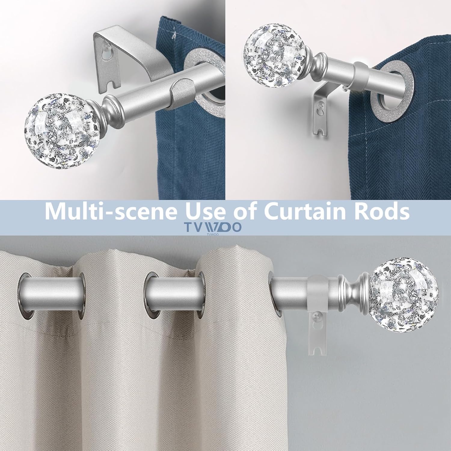 Silver Crystal Curtain Rods 18-60 Inches Adjustable