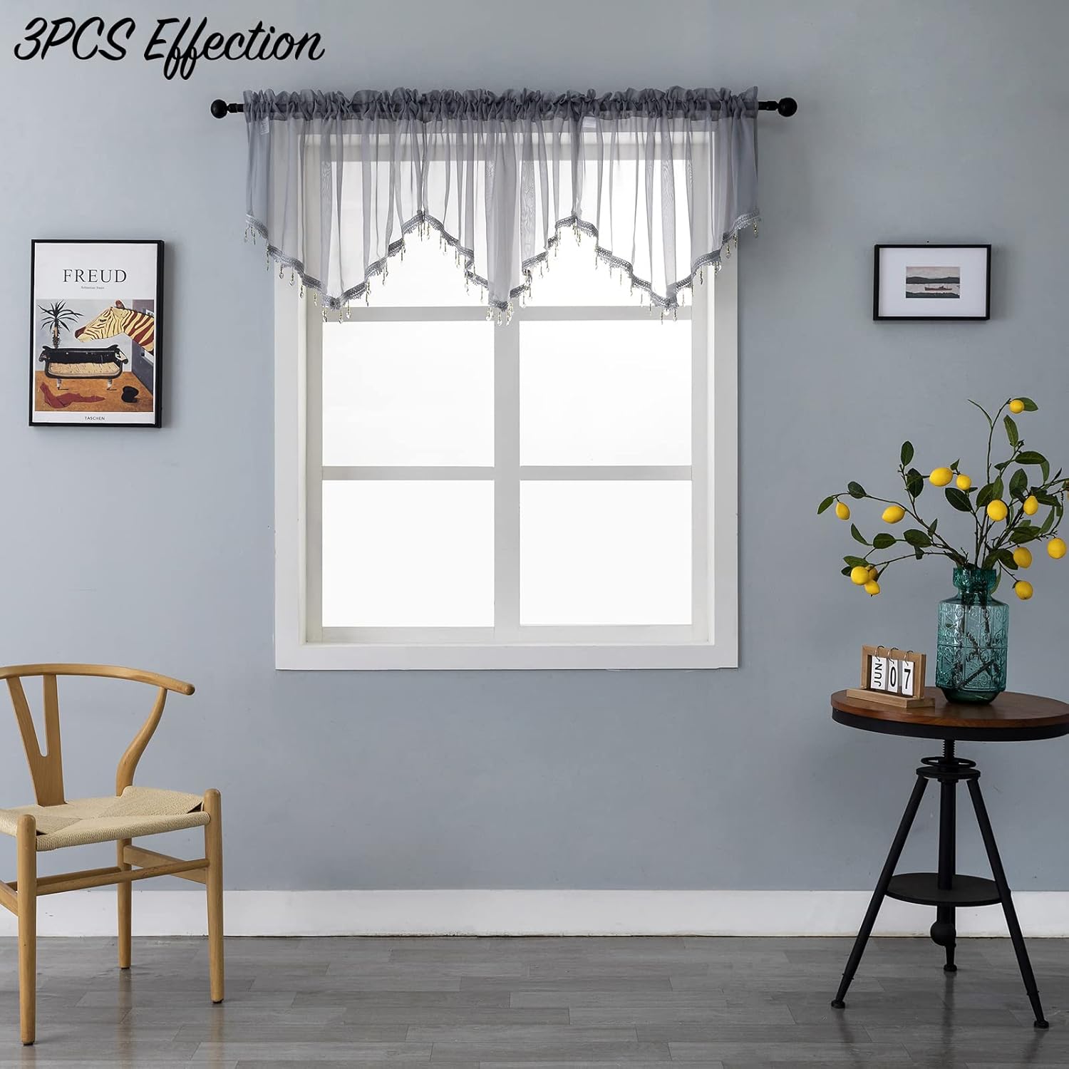 Beaded Sheer Curtain Valance for Bedroom Living Room 51x24 Inches Grey 1PC
