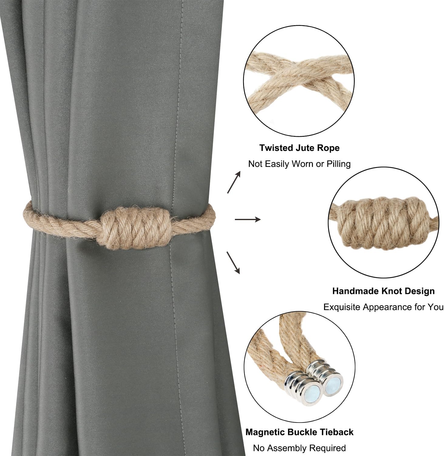 BEL AVENIR Magnetic Jute Curtain Tiebacks 2 Pack