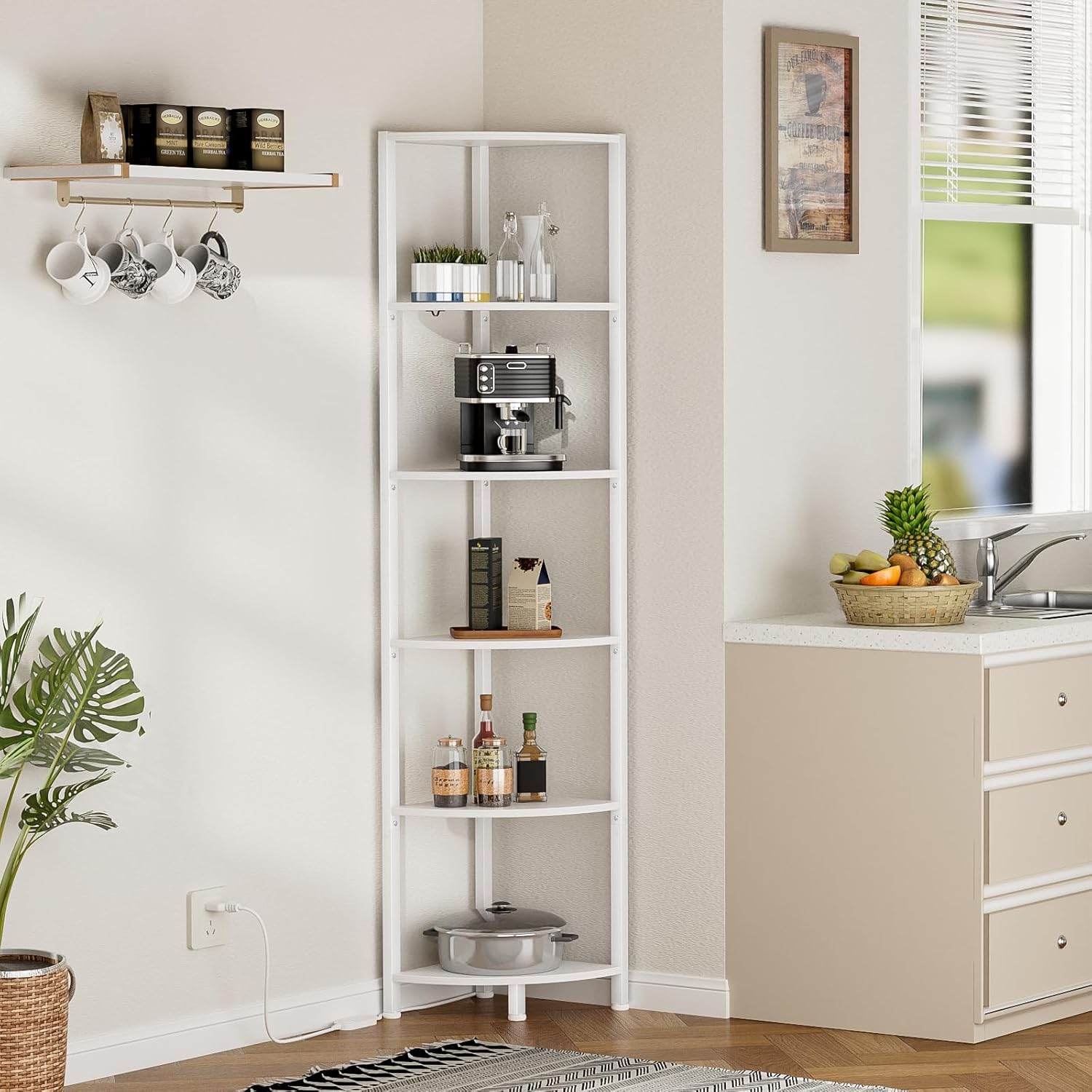 Furnulem 6 Tier Corner Shelf with LED Light White