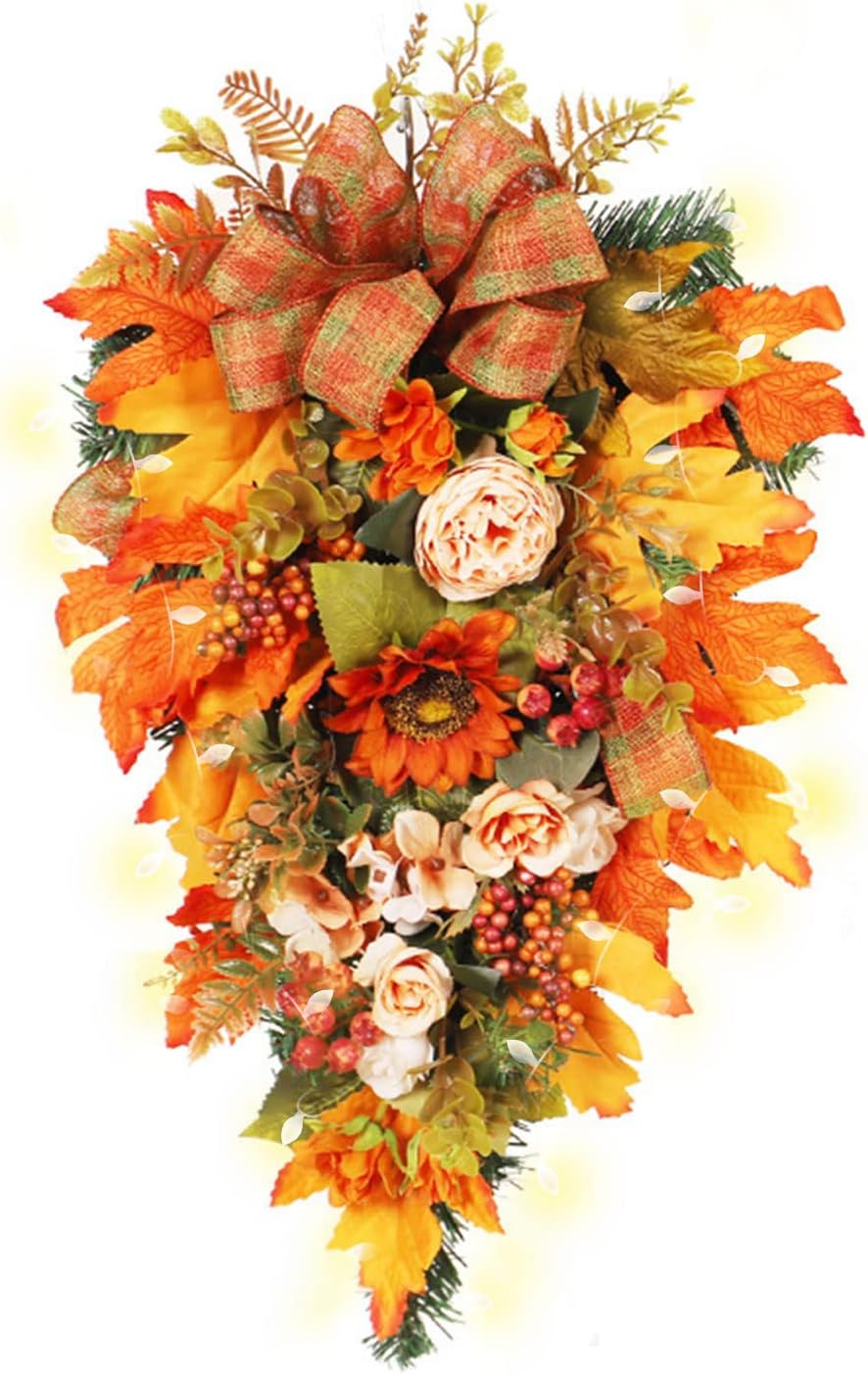 Harvest Teardrop Wreath with Light Fall Decor