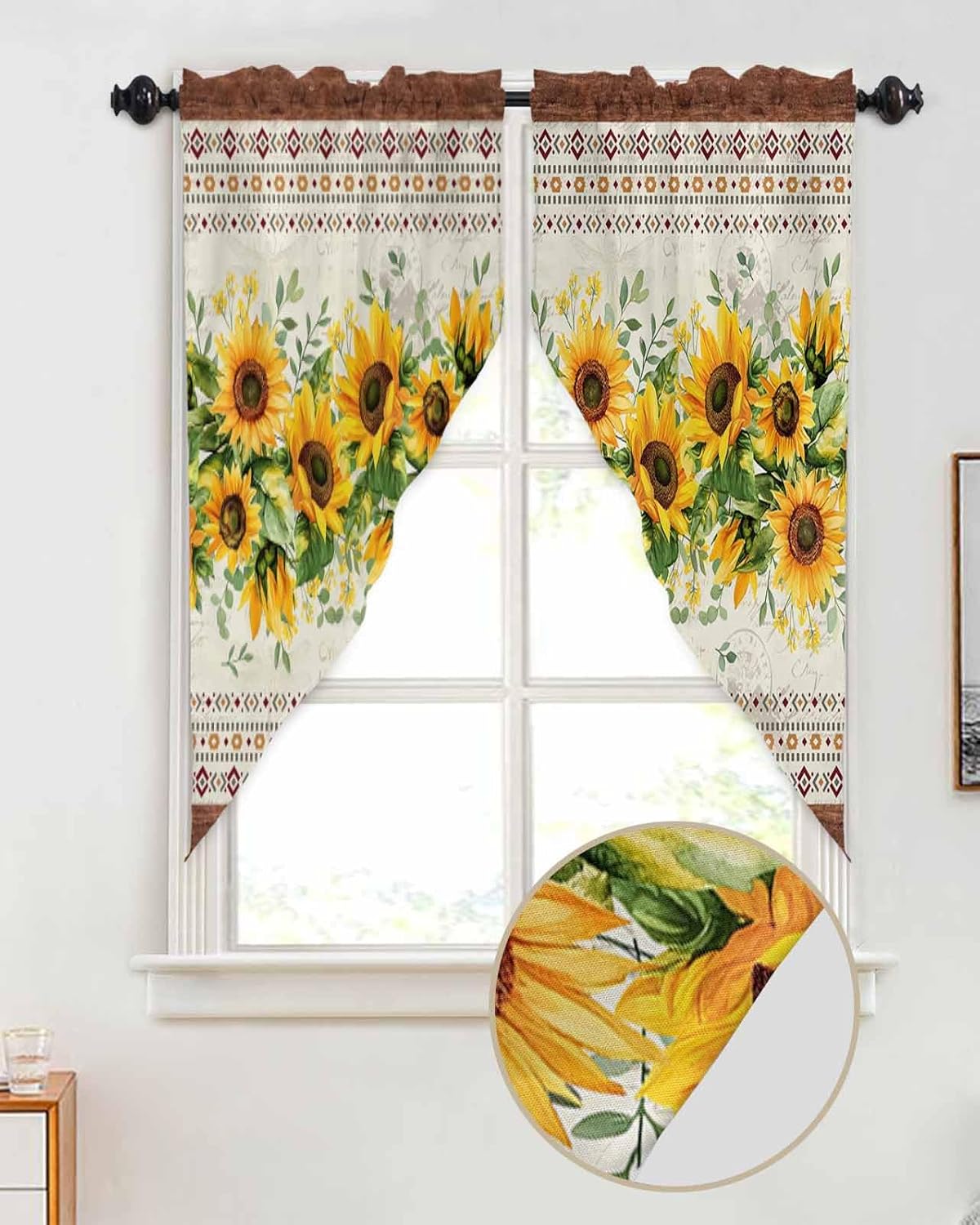 Sunflower Brown Swag Curtains Valance for Kitchen Windows