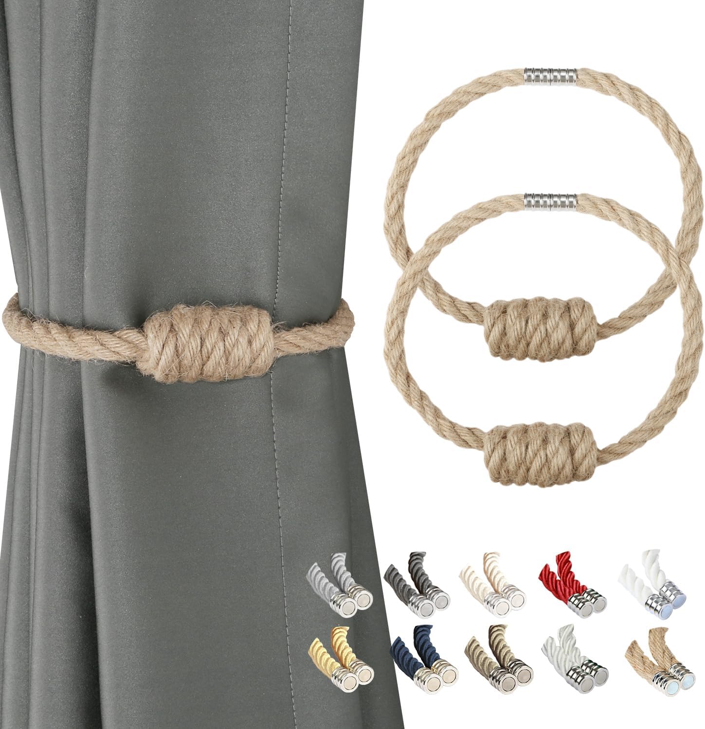 BEL AVENIR Magnetic Jute Curtain Tiebacks 2 Pack