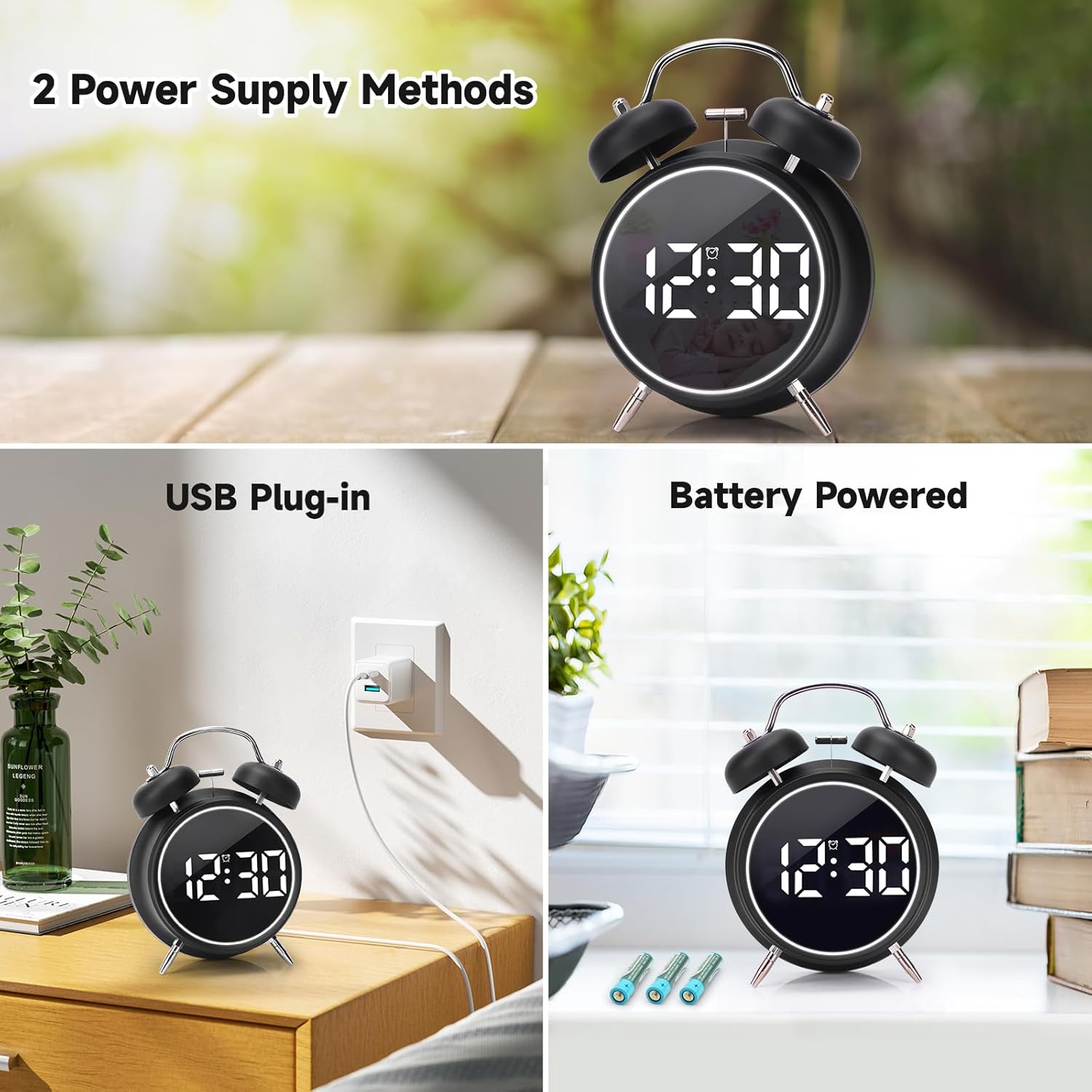 JUSTUP Super Loud Digital Alarm Clock with LED Display and Double Bell