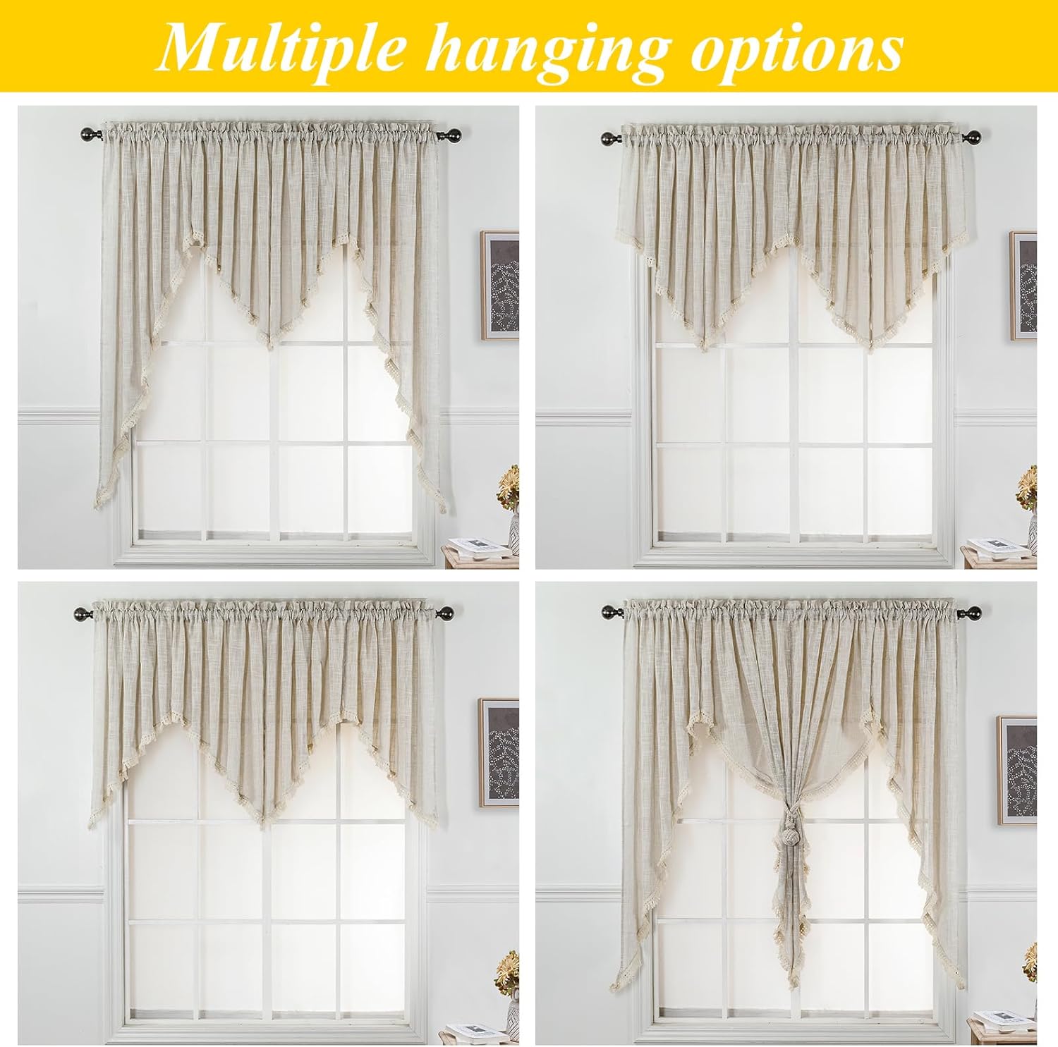 Beda Home Tassel Linen Textured Swag Curtain Valance for Farmhouse Kitchen