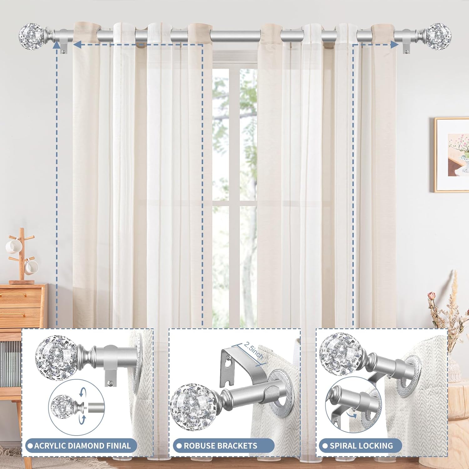 Silver Crystal Curtain Rods 18-60 Inches Adjustable