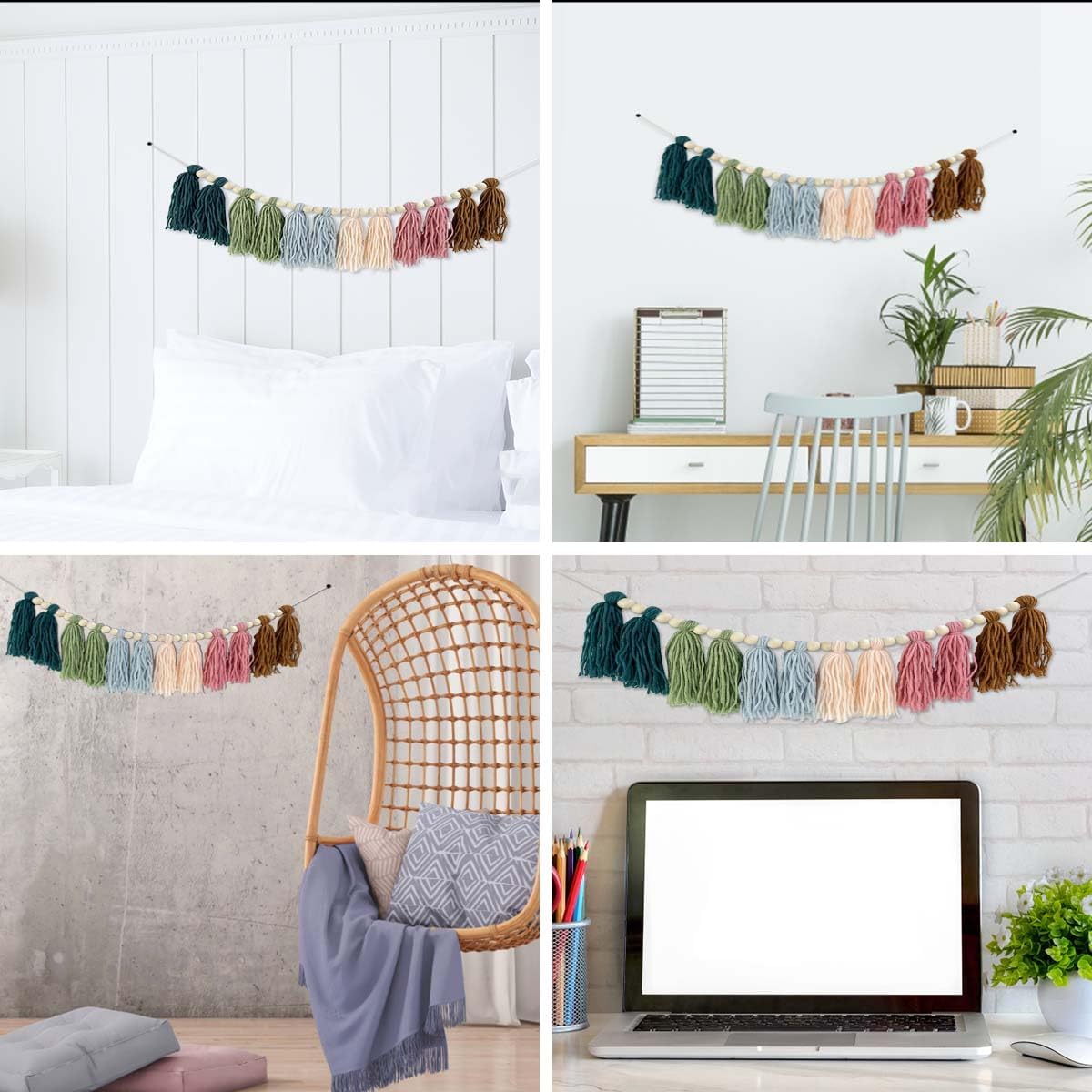 Rainbow Boho Tassel Wall Hanging with Wood Beads