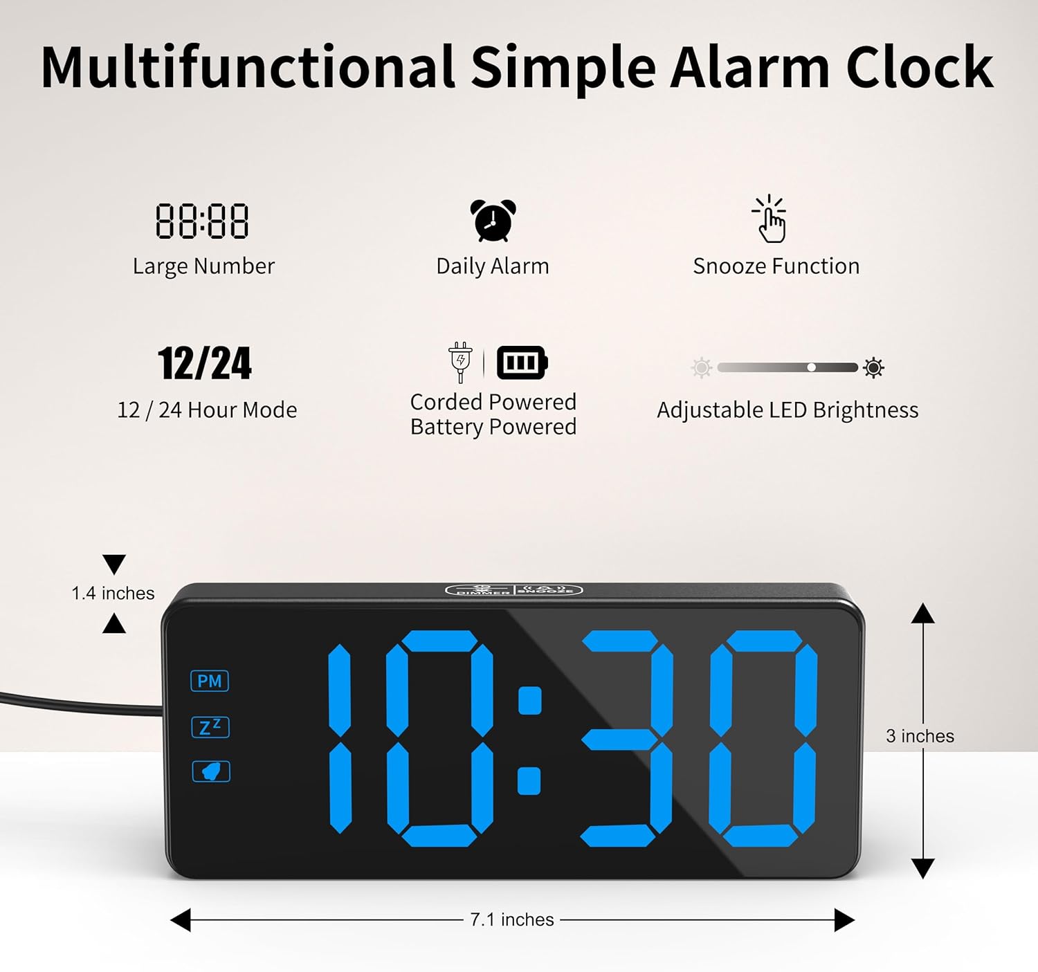 Kwanwa Digital Alarm Clock with 3 Level Dimmer and Battery Backup